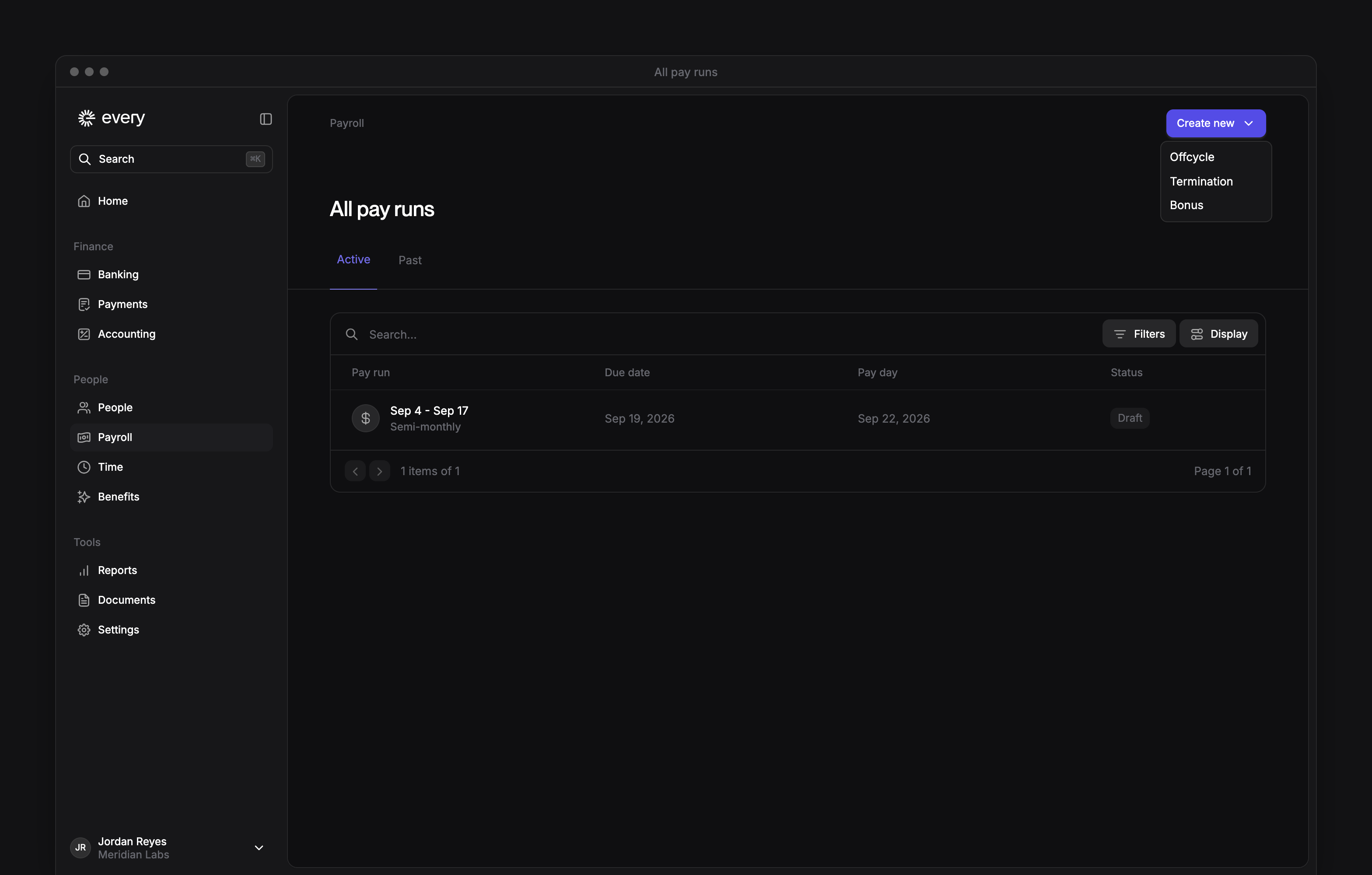 All pay runs with the Create new menu open, listing the kinds of pay run you can create.