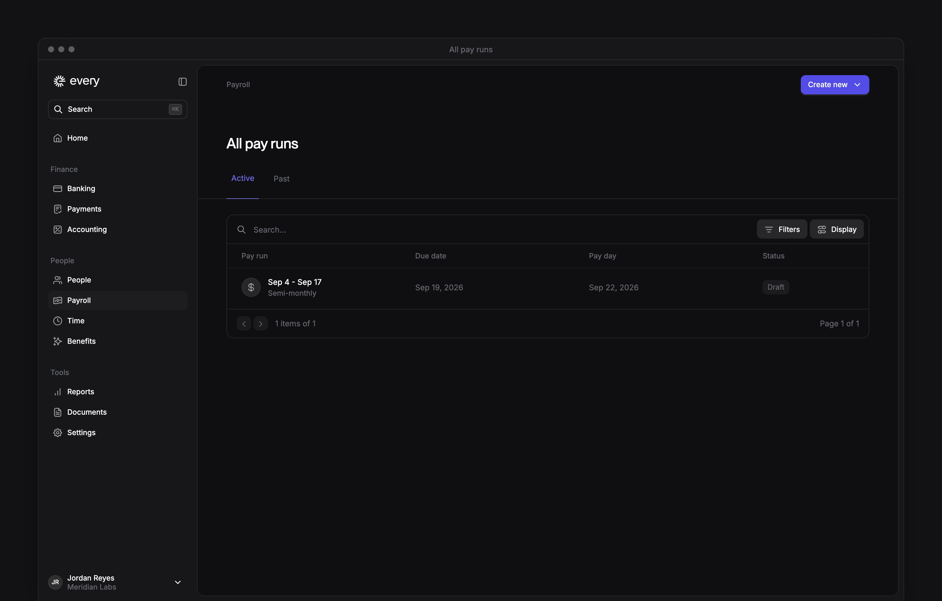 All pay runs with Active and Past tabs, a draft run and its due date and payday.