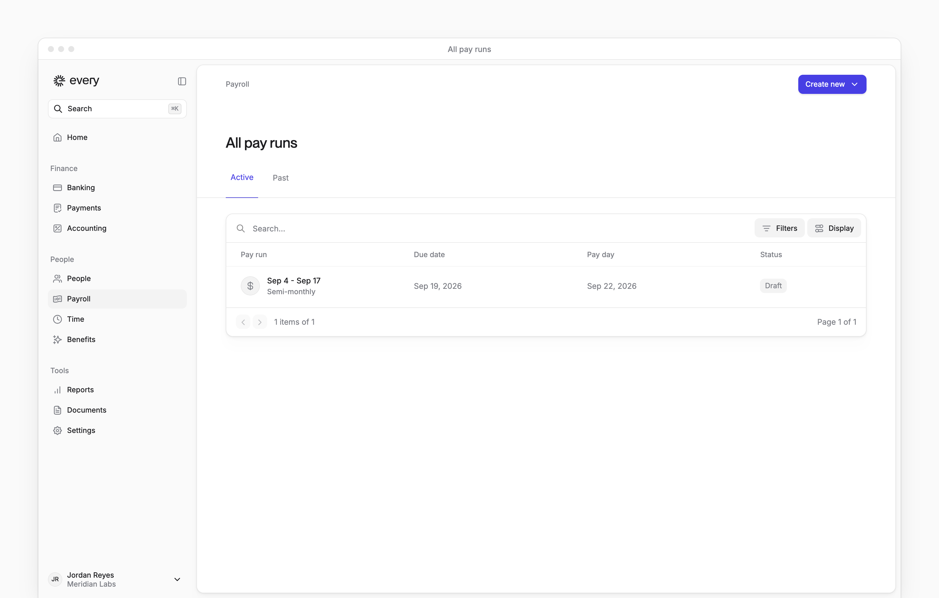 All pay runs with Active and Past tabs, a draft run and its due date and payday.