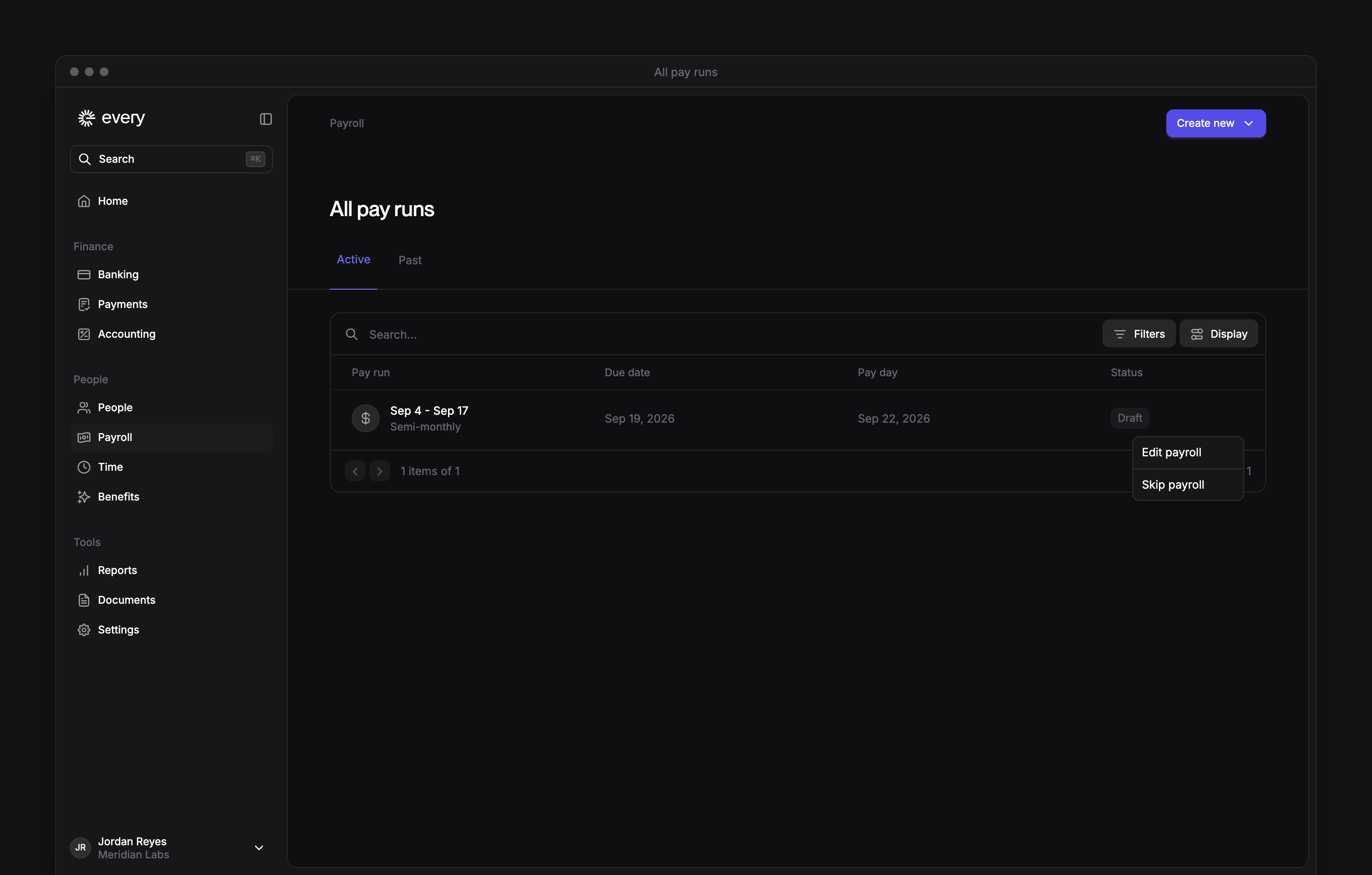 A Draft run's row menu on All pay runs, with Edit payroll.