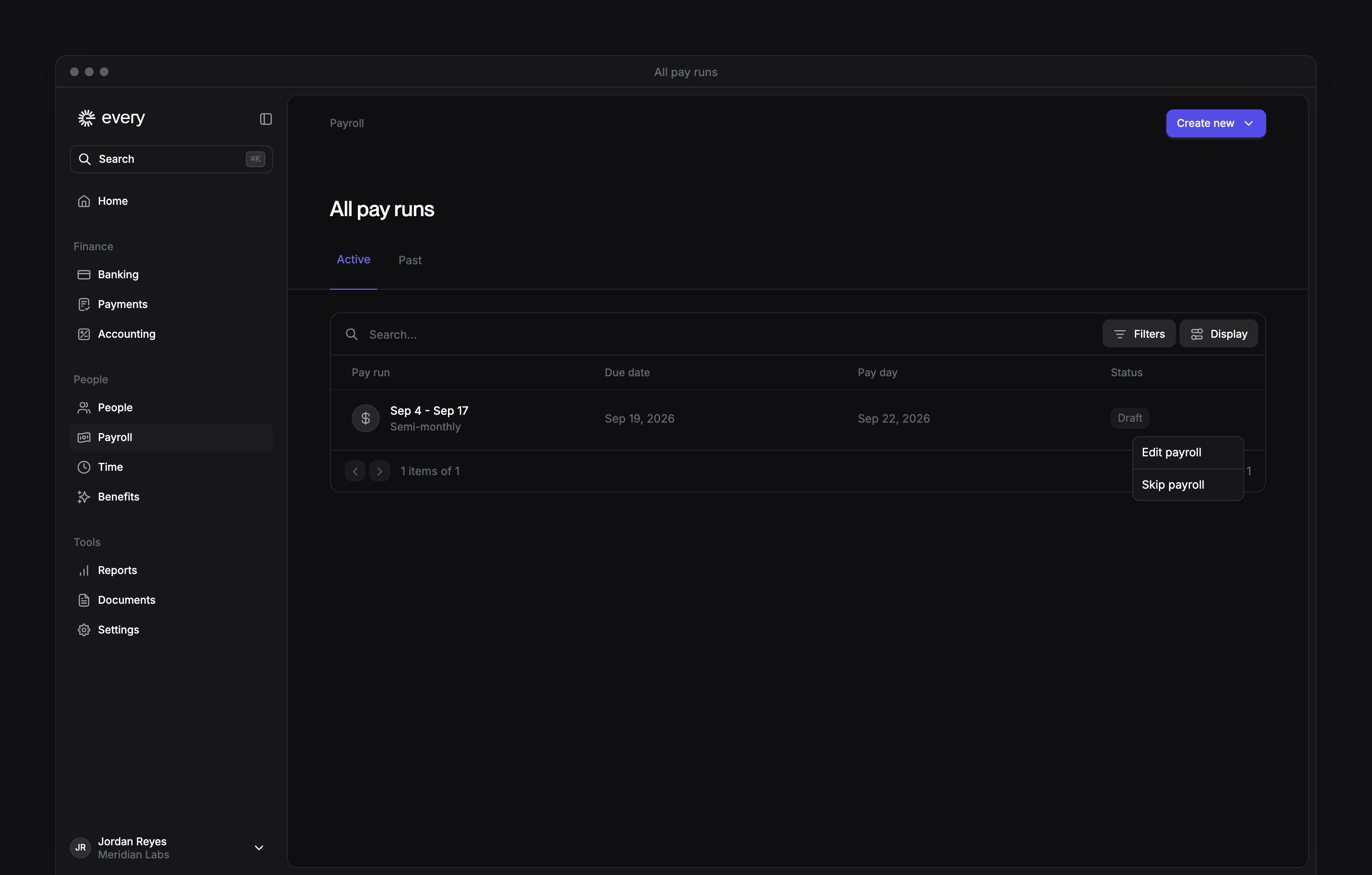 A Draft run's row menu on All pay runs, with Edit payroll.