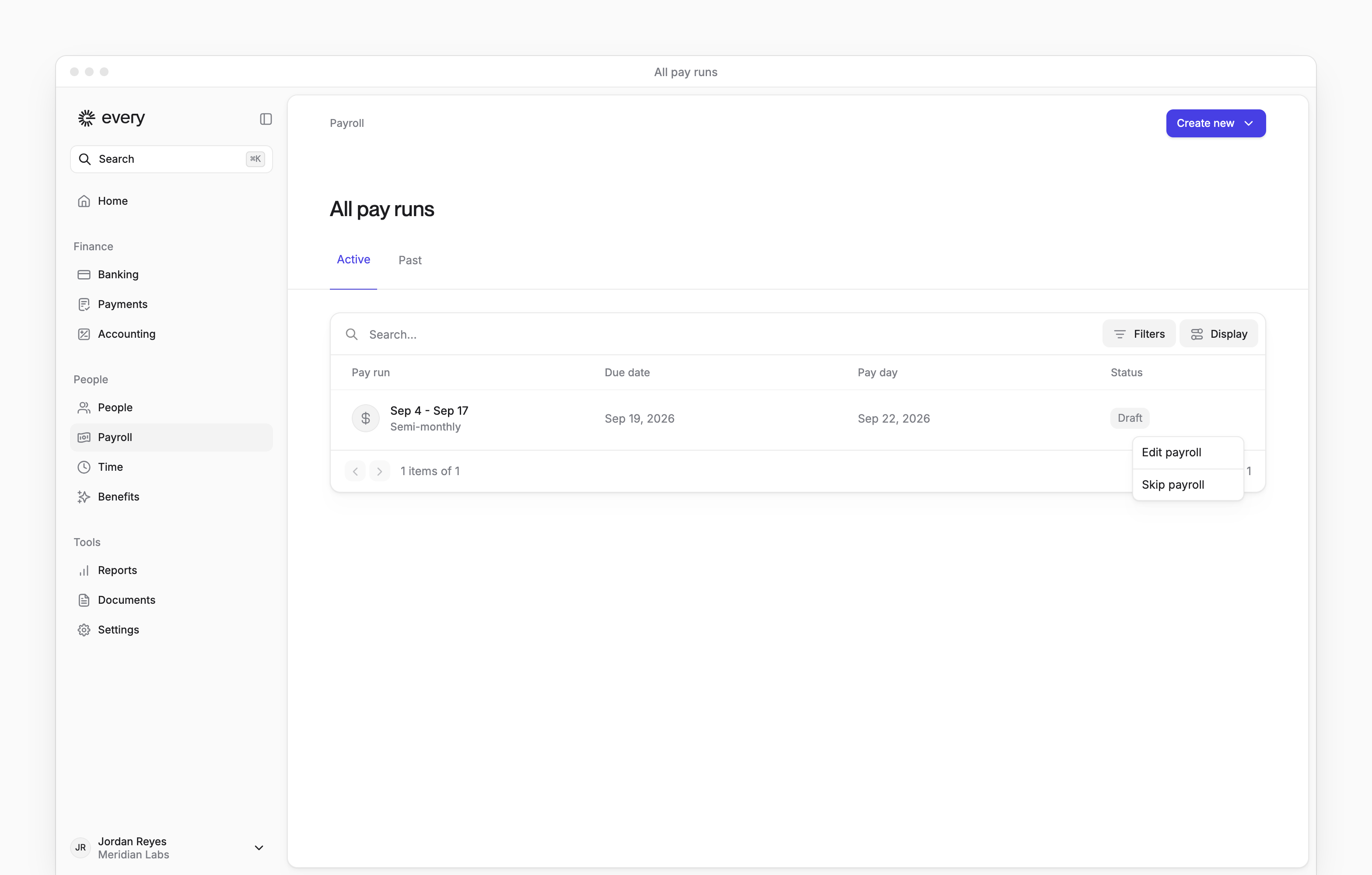 A Draft run's row menu on All pay runs, with Edit payroll.