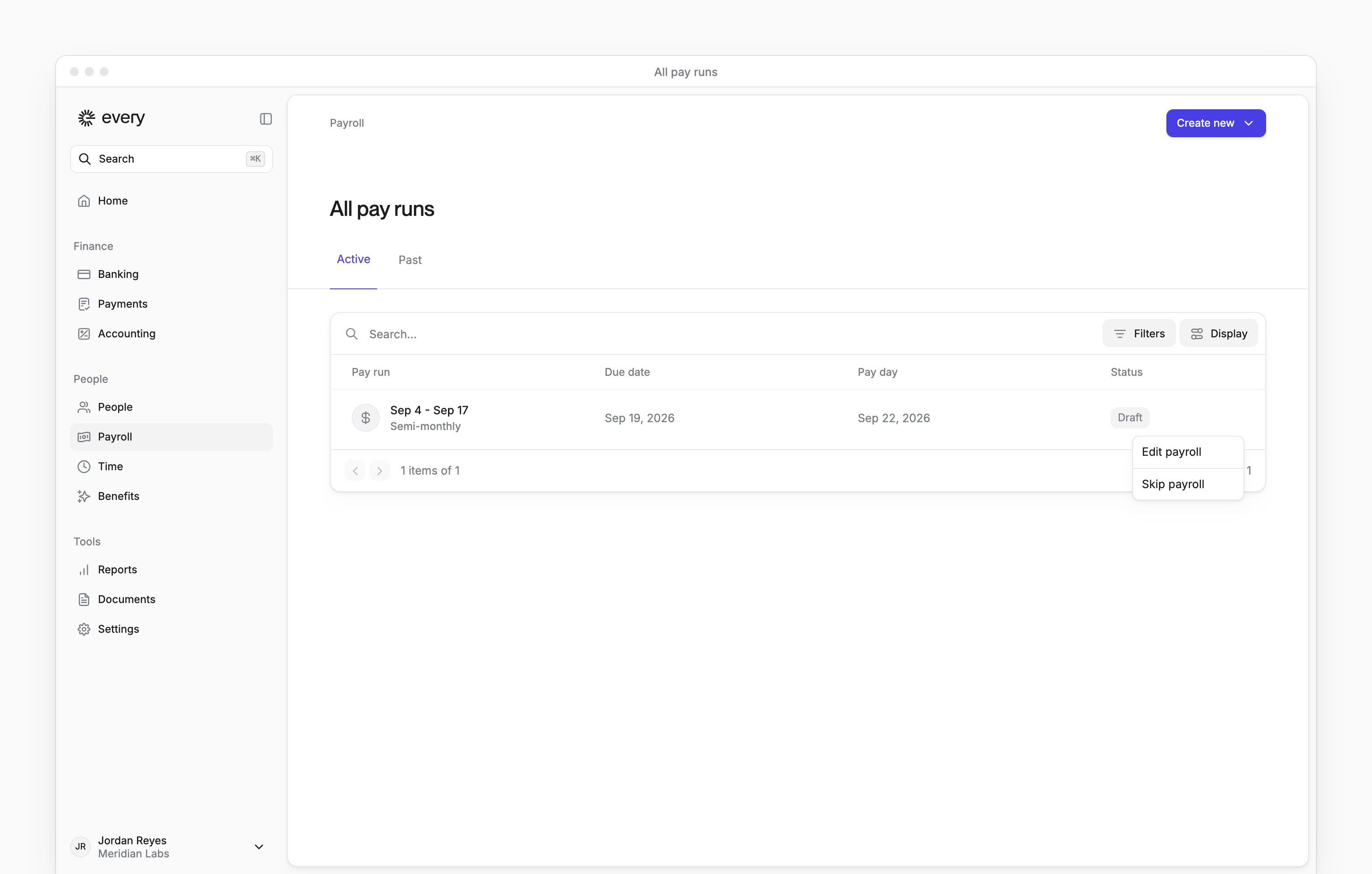 A Draft run's row menu on All pay runs, with Edit payroll.