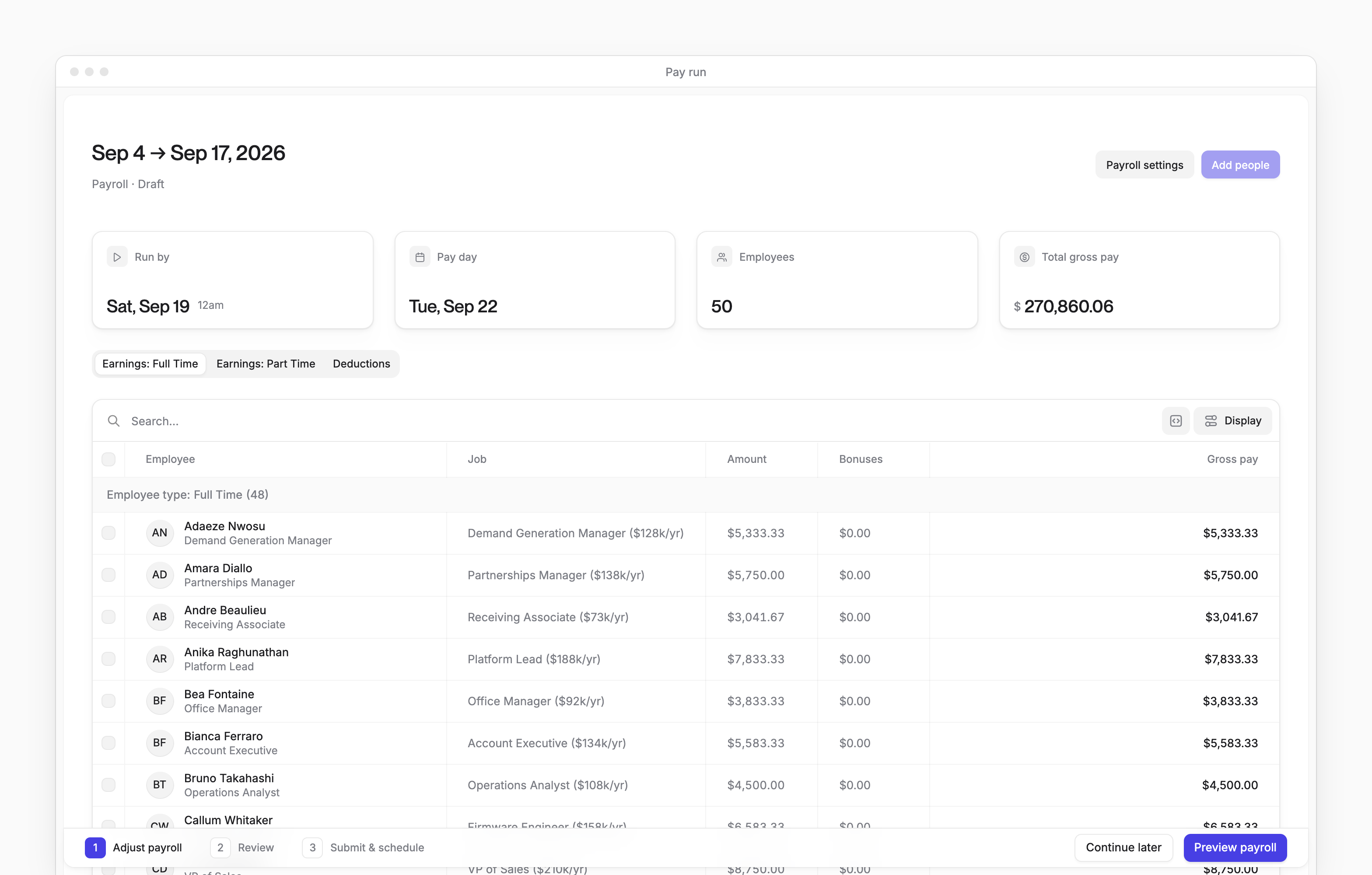 A Draft pay run on pay entry, with its dates, employee count and total gross pay above the Earnings tabs.