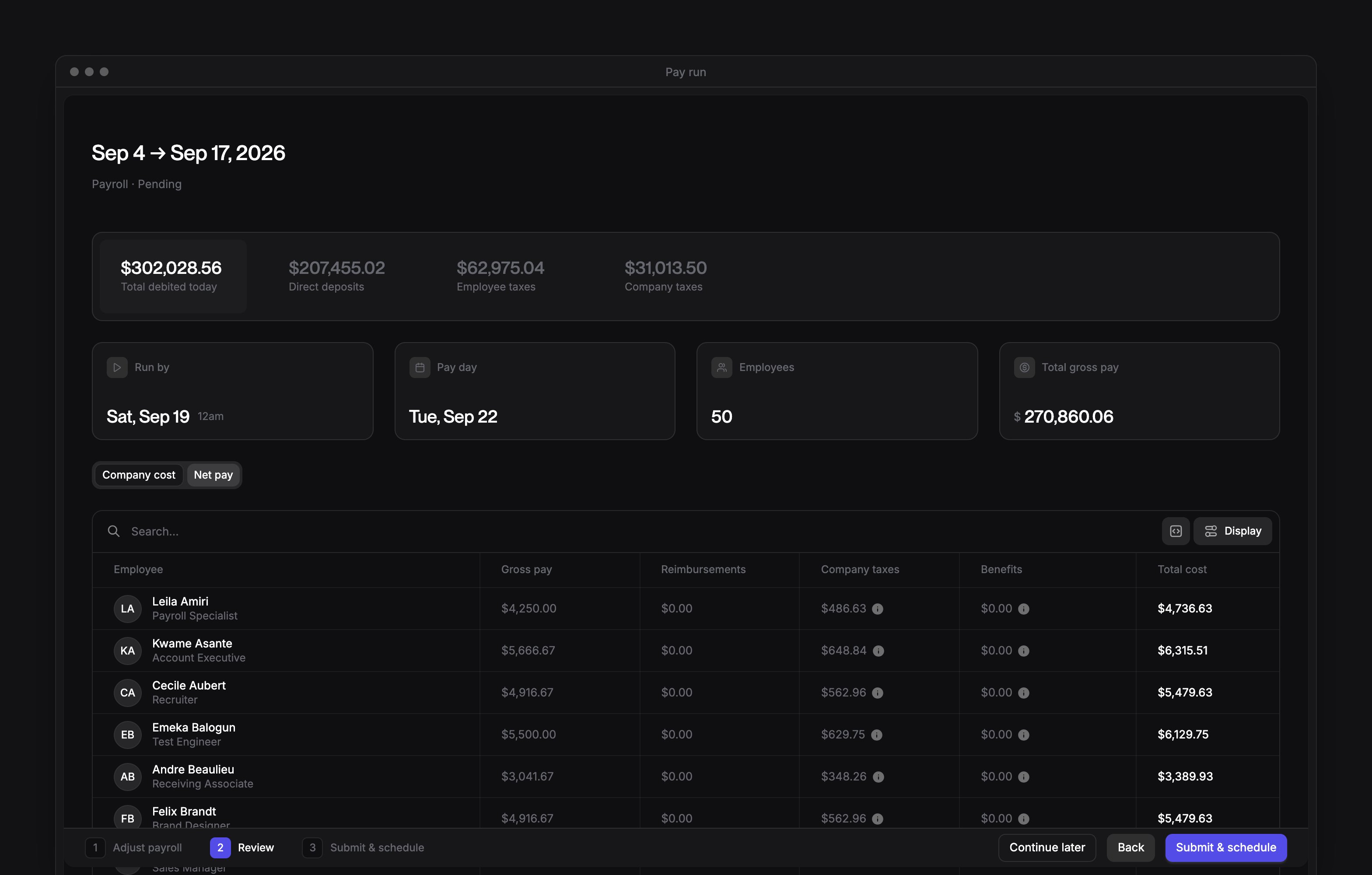 A pay run in review, with Total debited today, Direct deposits and the tax totals above Company cost and Net pay.