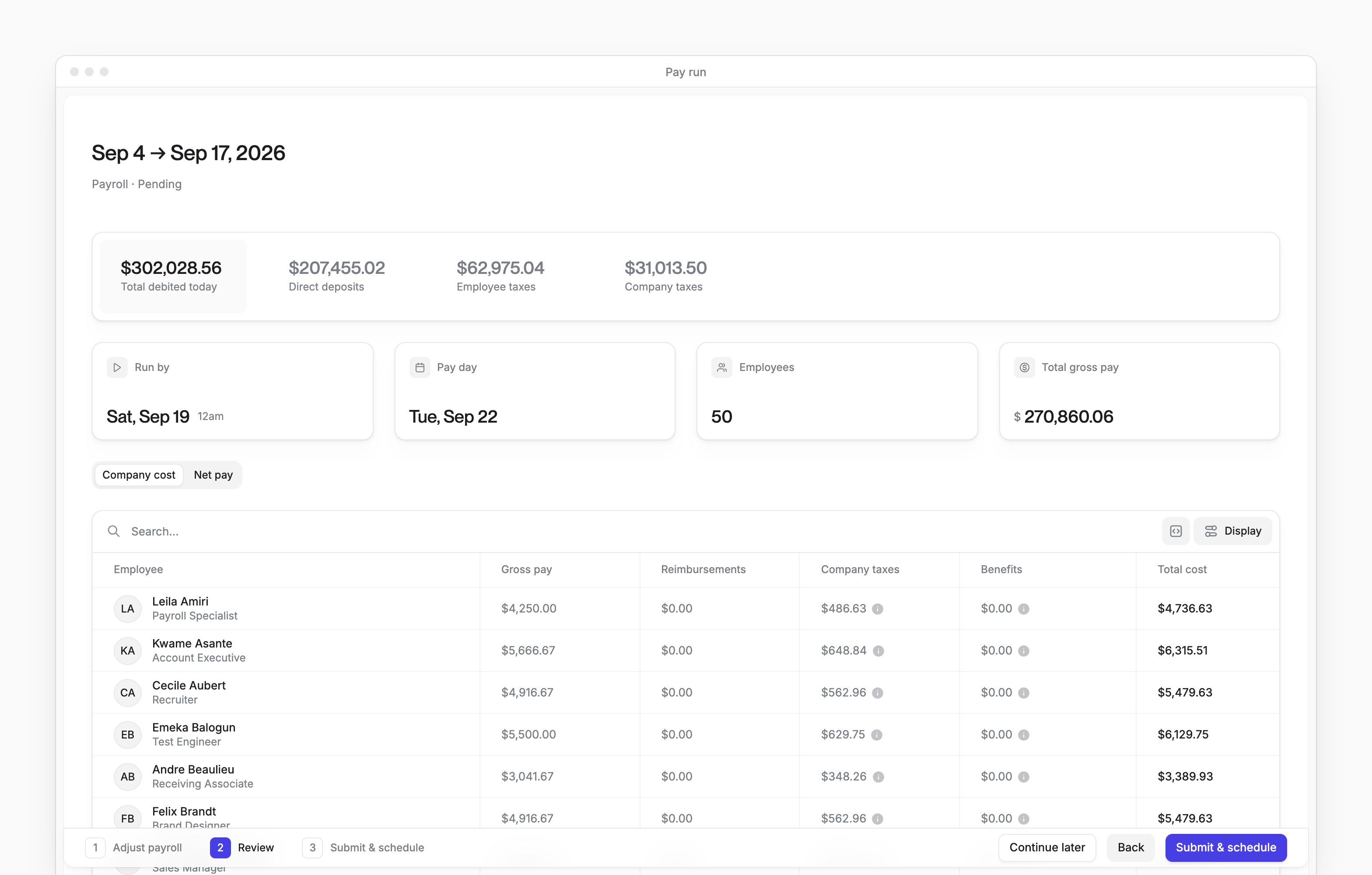 A pay run in review, with Total debited today, Direct deposits and the tax totals above Company cost and Net pay.