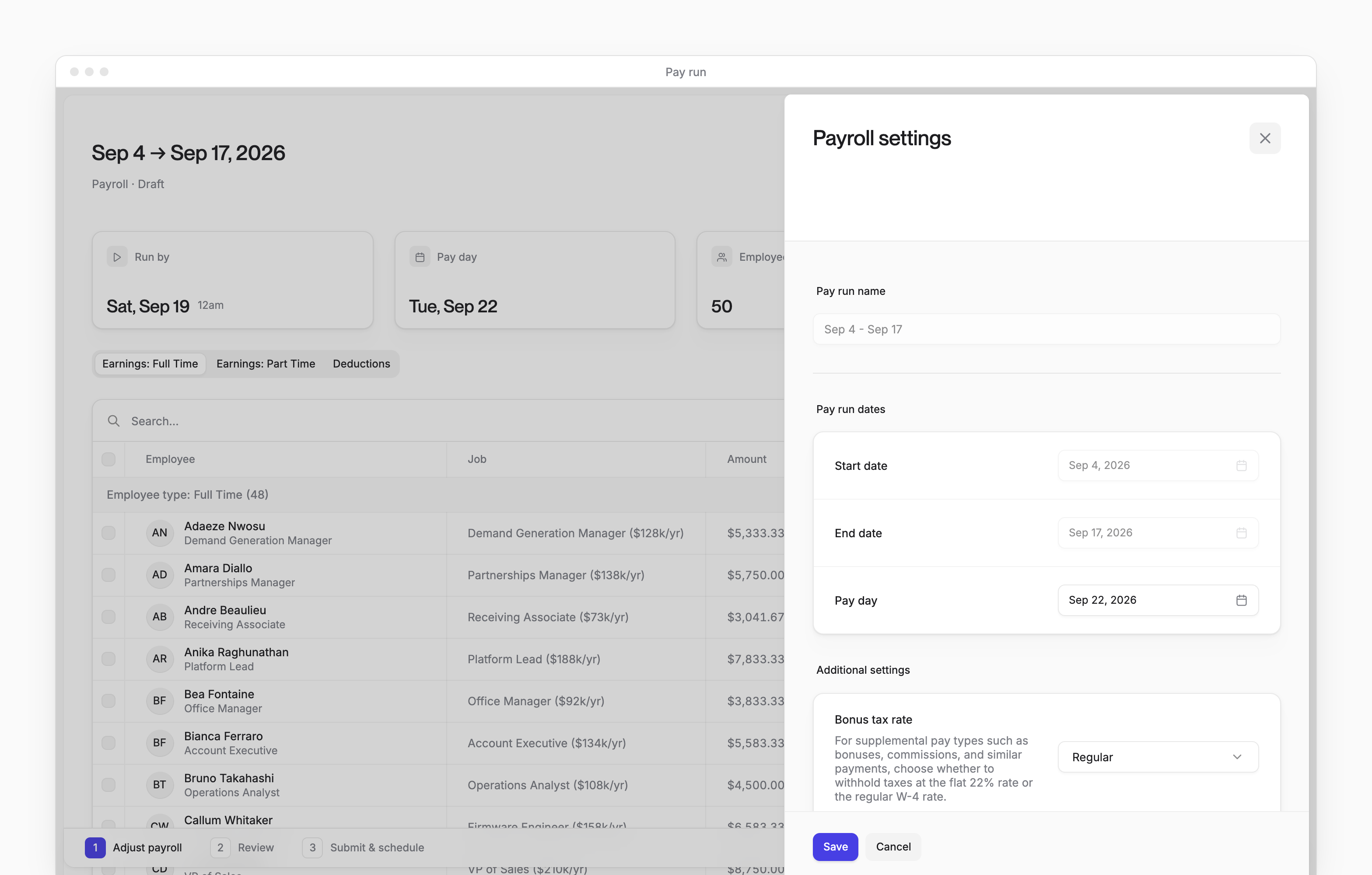 A pay run's Payroll settings sheet, with the pay day, bonus tax rate and salary overtime exempt fields and Save.