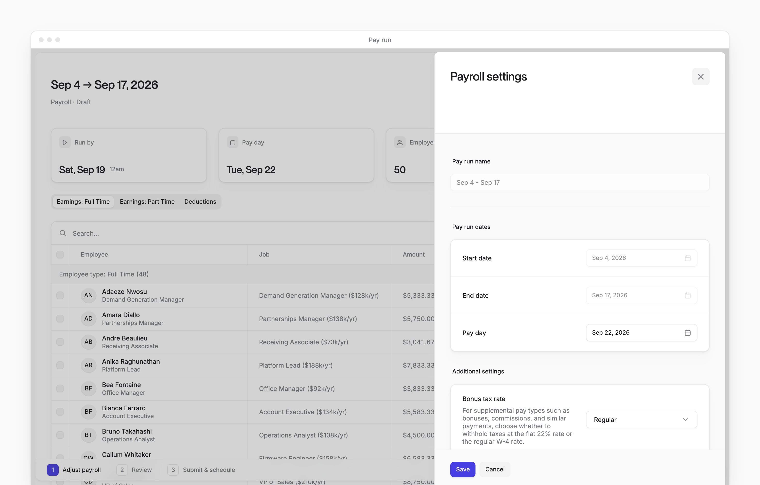 A pay run's Payroll settings sheet, with the pay day, bonus tax rate and salary overtime exempt fields and Save.