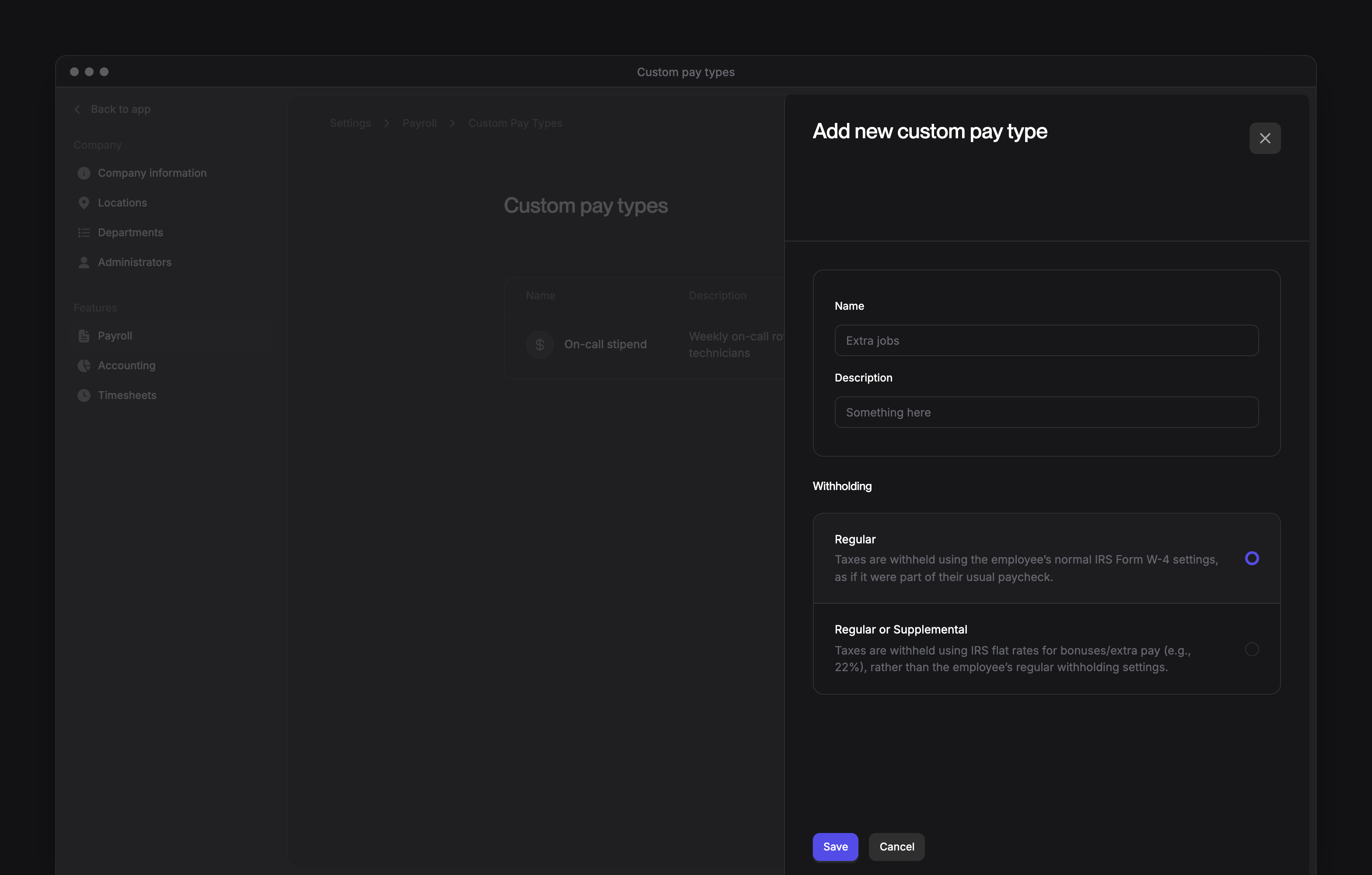 The Add new custom pay type sheet, with the name, description, category and recurring options.