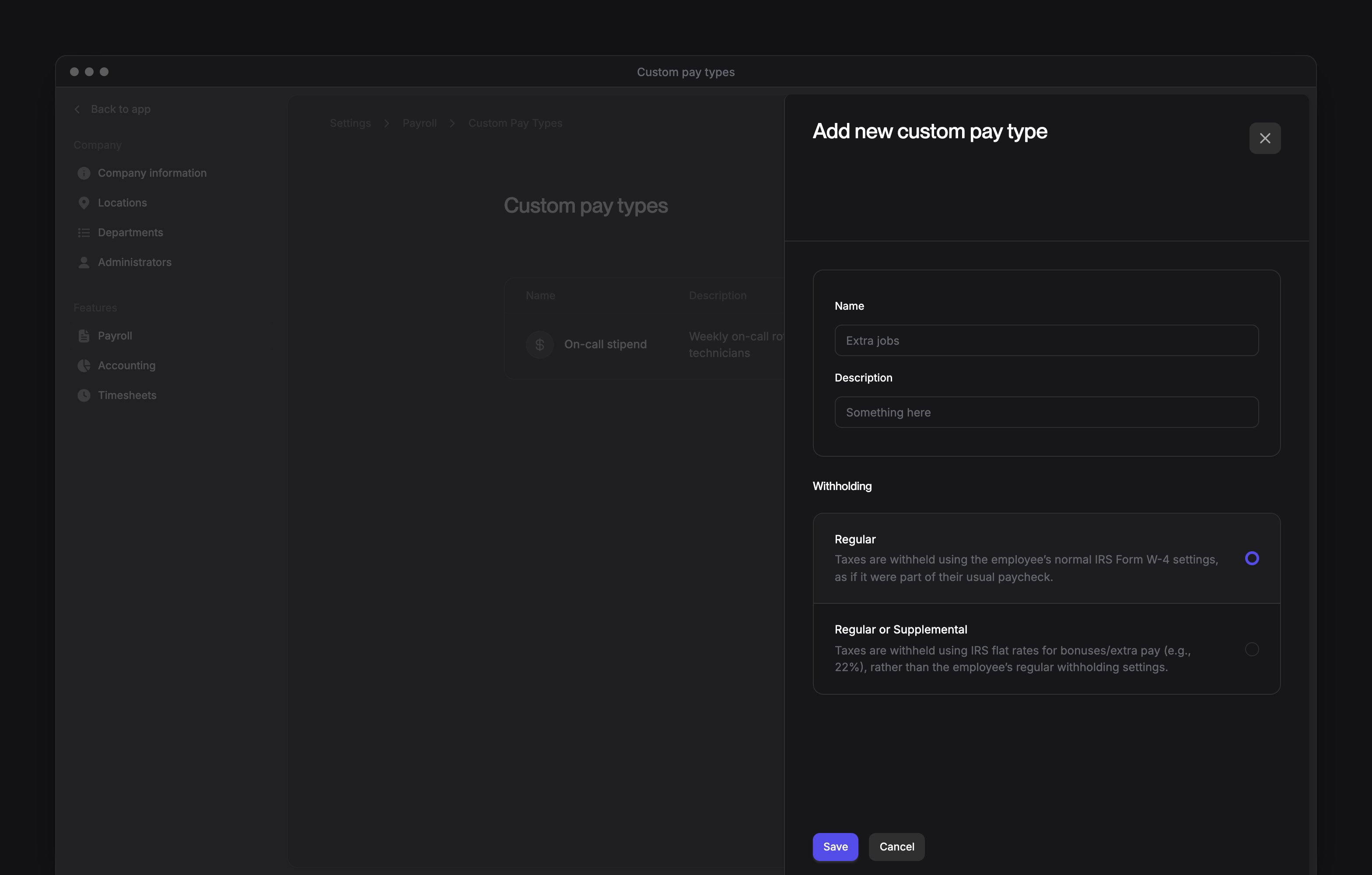 The Add new custom pay type sheet, with the name, description, category and recurring options.