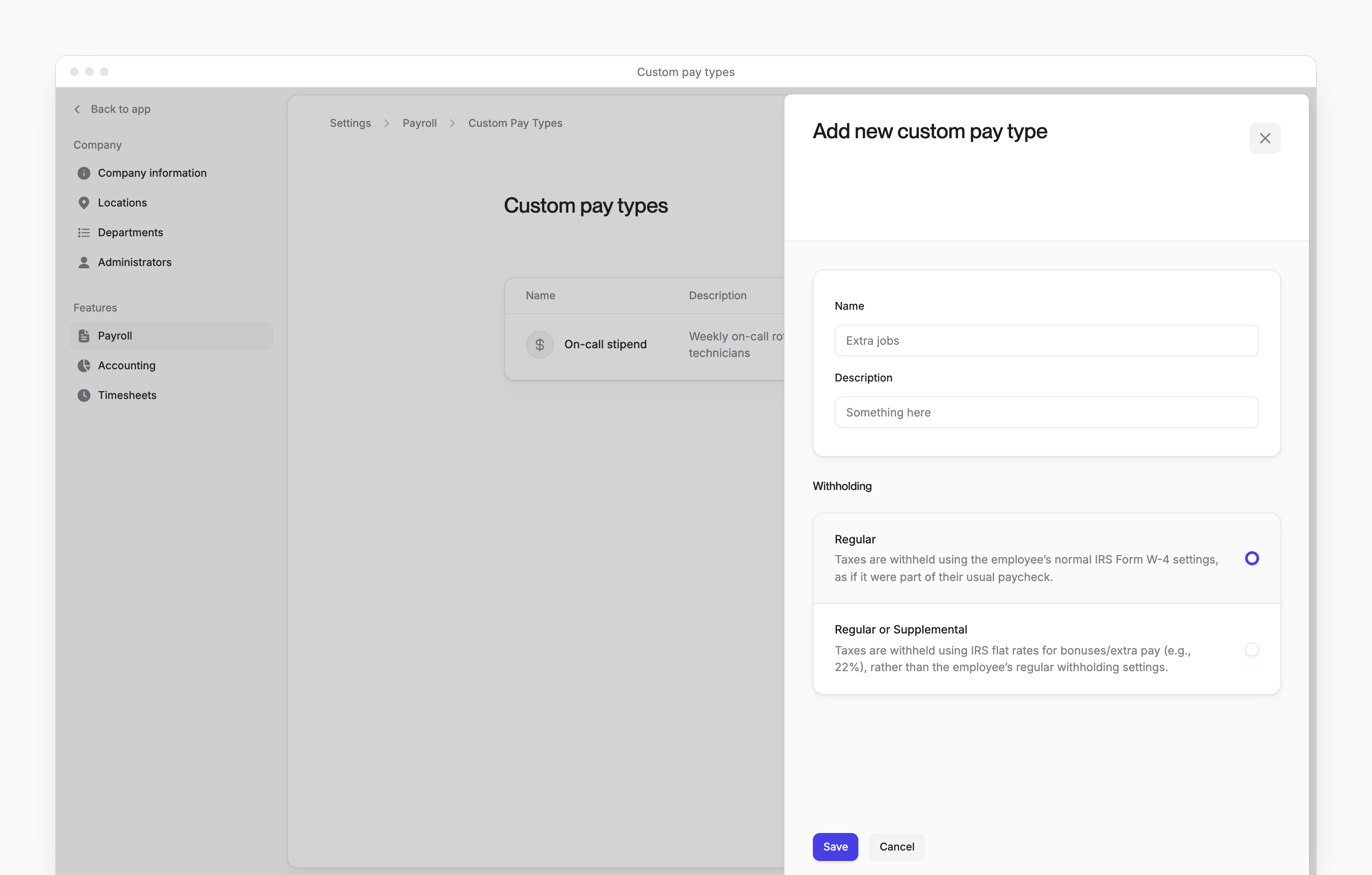The Add new custom pay type sheet, with the name, description, category and recurring options.