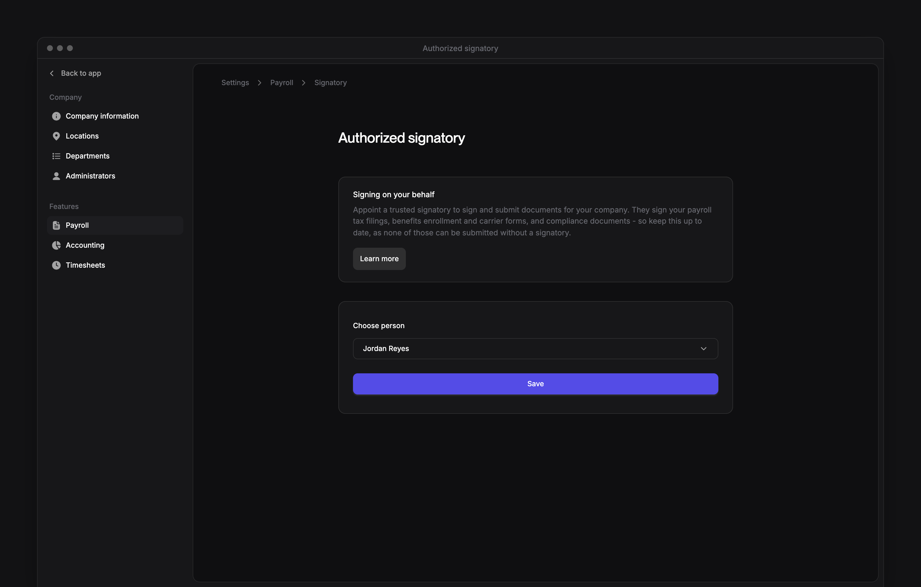 Authorized signatory, with the Choose person picker showing the current signatory and Save.