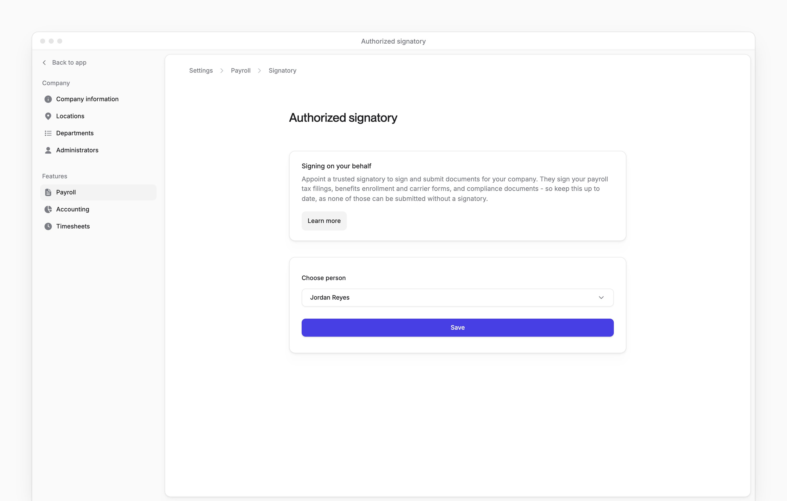 Authorized signatory, with the Choose person picker showing the current signatory and Save.