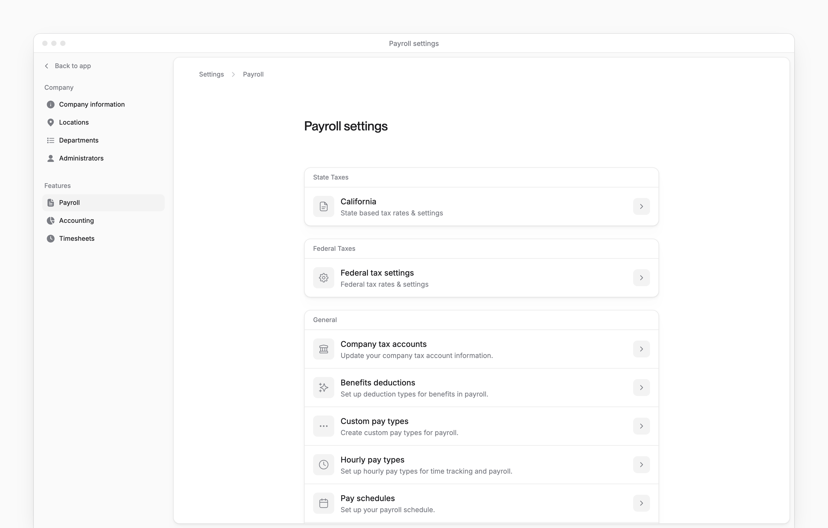 Payroll settings with state and federal tax settings and Company tax accounts.