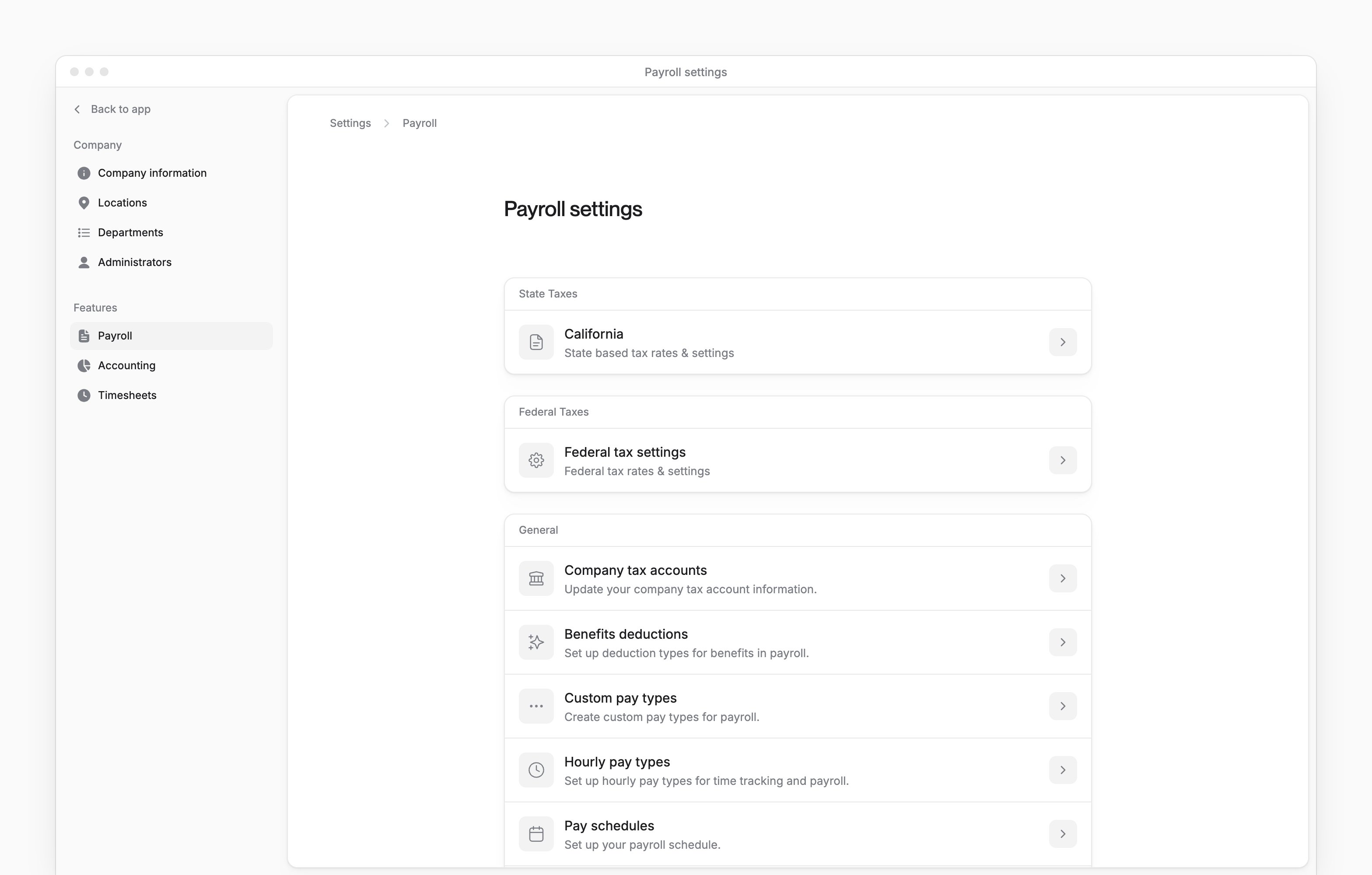 Payroll settings with state and federal tax settings and Company tax accounts.