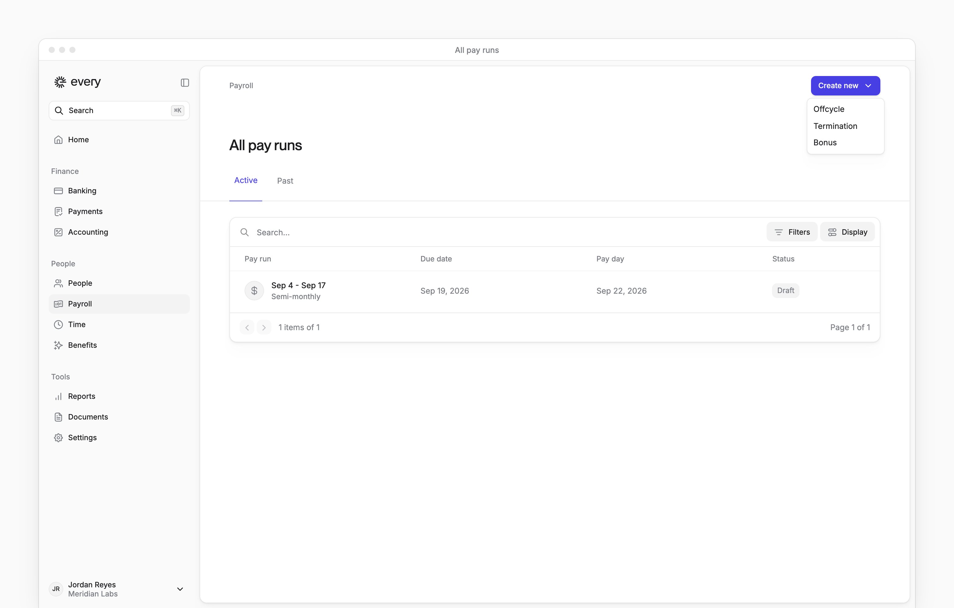 All pay runs with the Create new menu open, listing the kinds of pay run you can create.