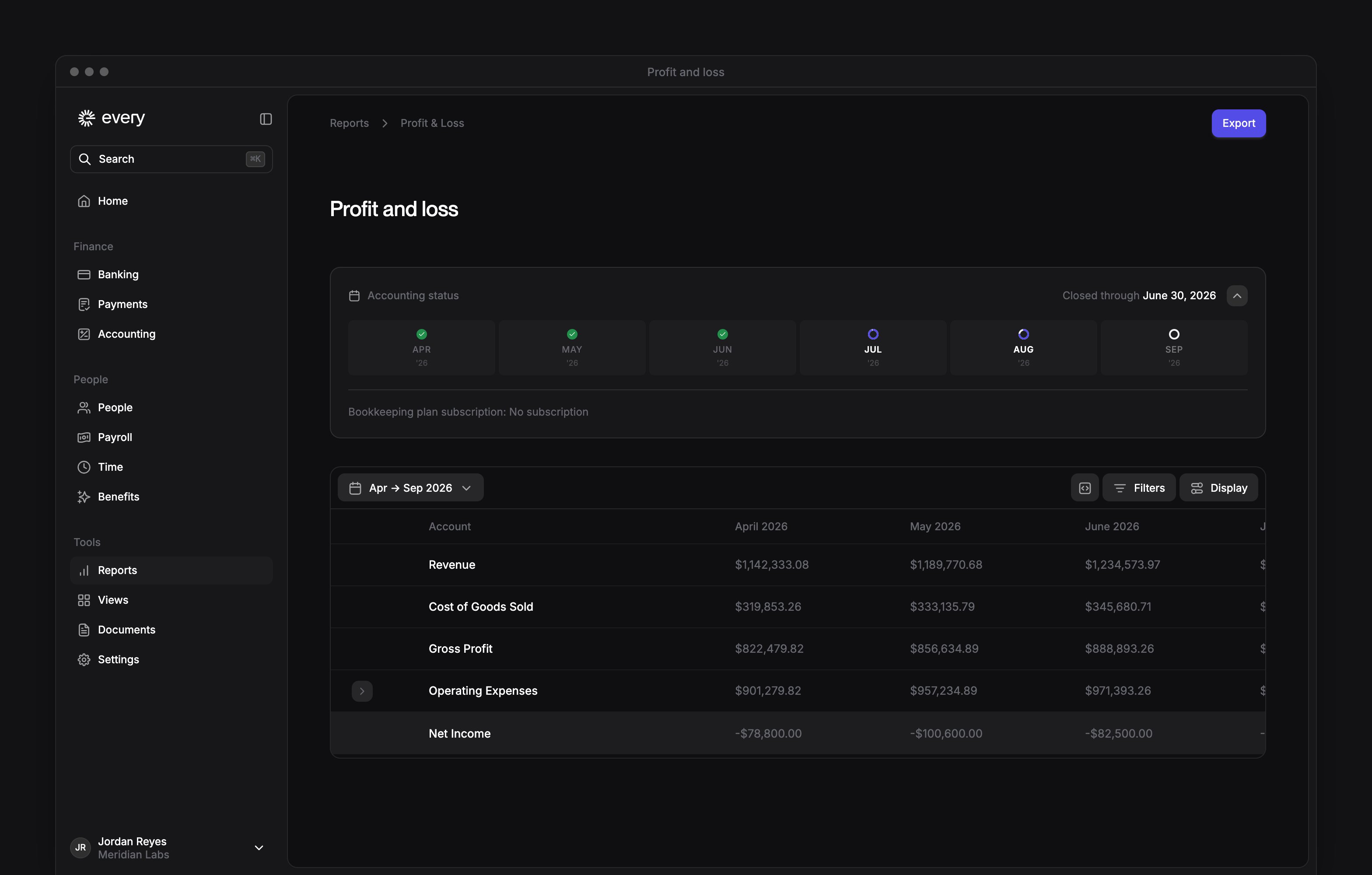 Profit and loss with account rows, monthly columns and report controls beside Every's sidebar.