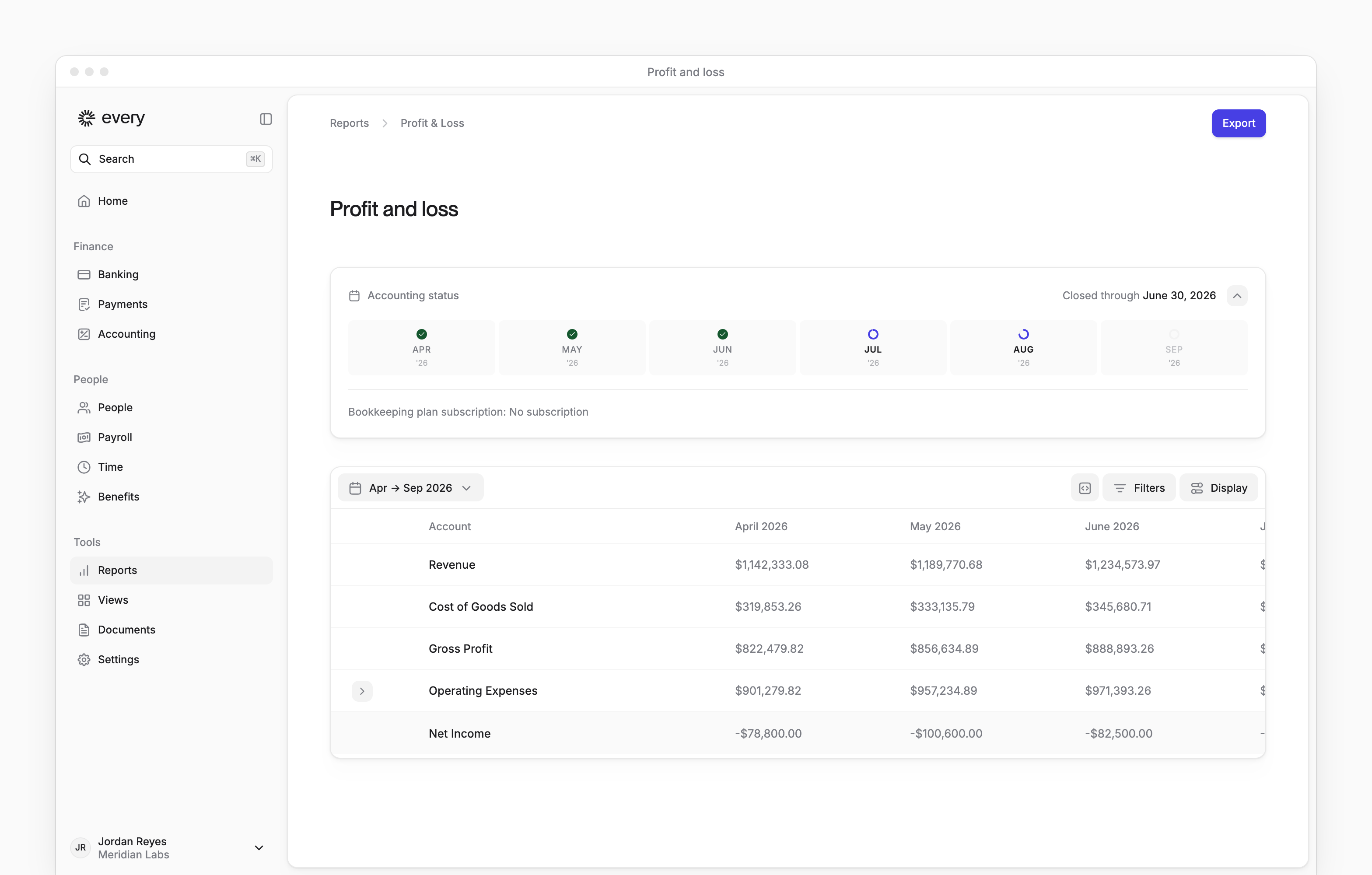 Profit and loss with account rows, monthly columns and report controls beside Every's sidebar.