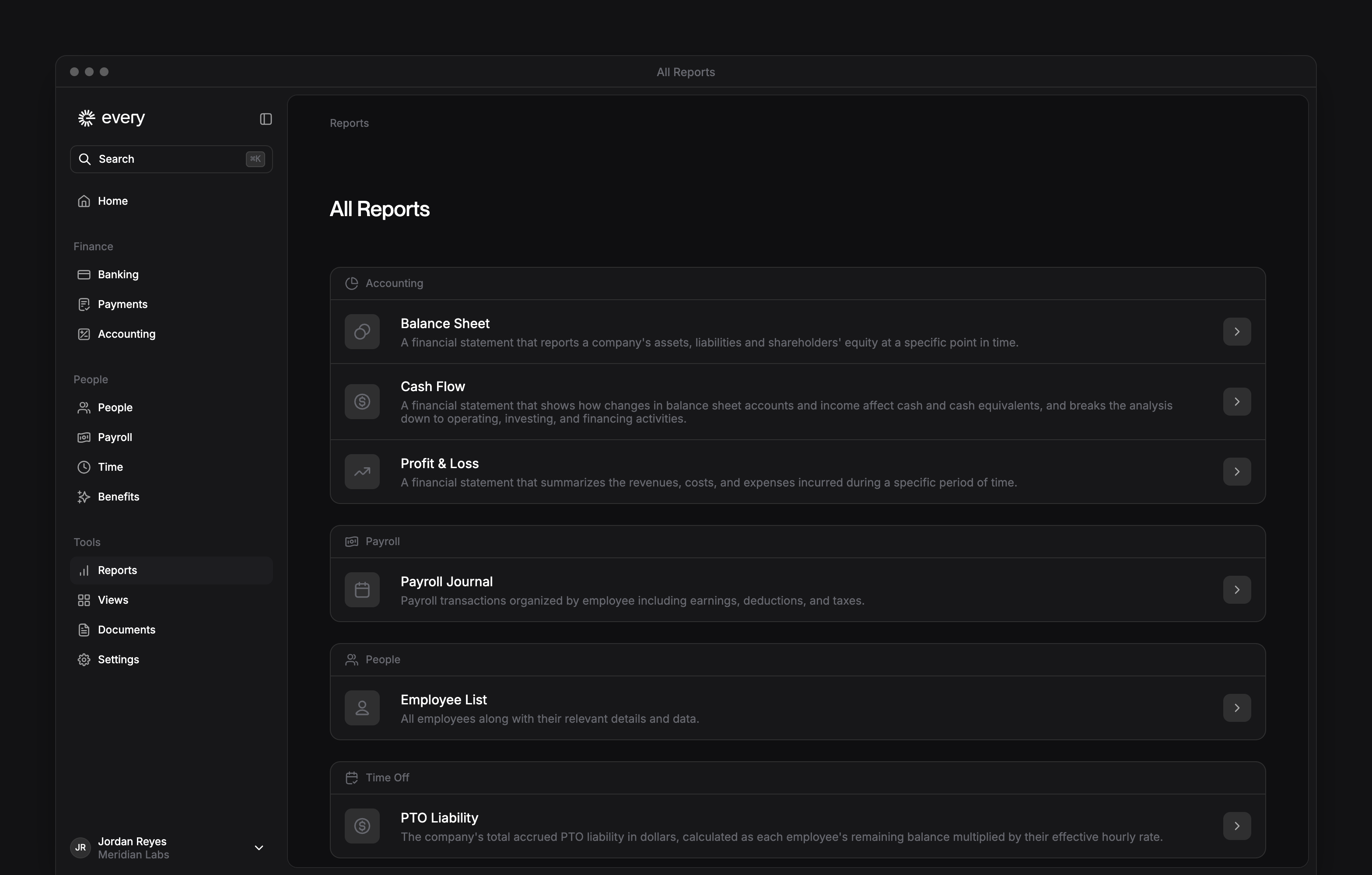 All Reports with Accounting, Payroll, People and Time Off report groups beside Every's sidebar.