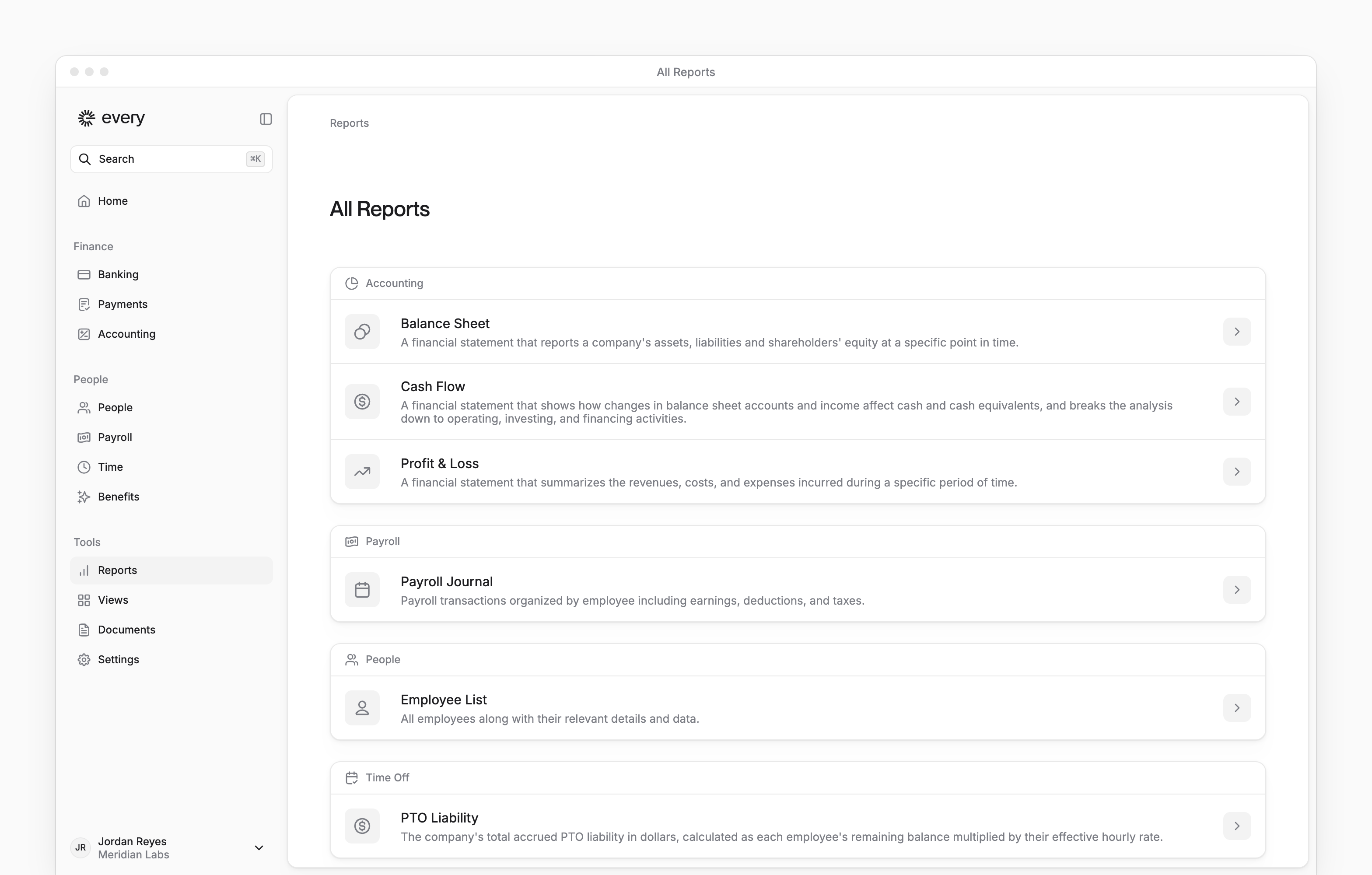 All Reports with Accounting, Payroll, People and Time Off report groups beside Every's sidebar.