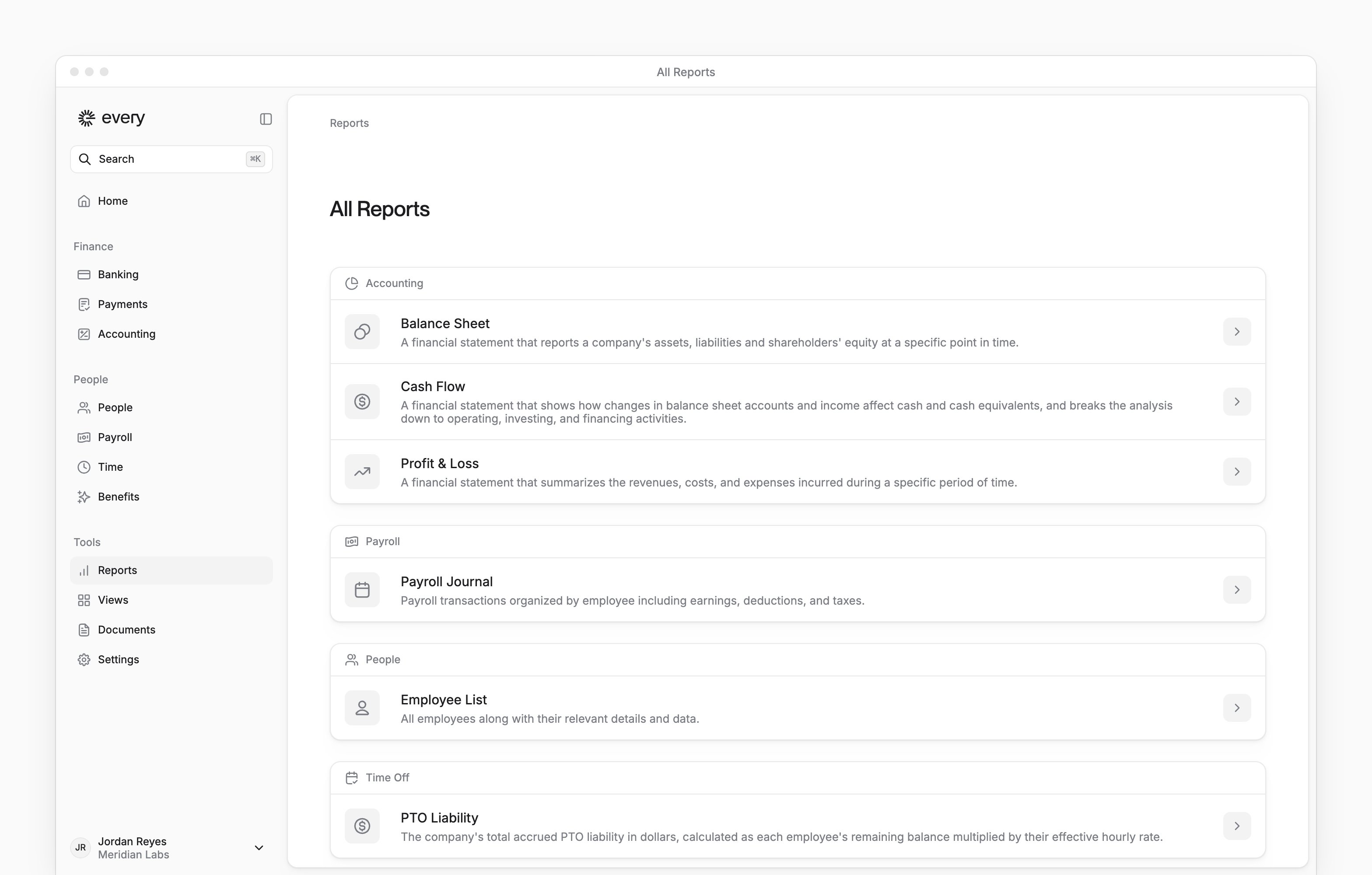 All Reports with Accounting, Payroll, People and Time Off report groups beside Every's sidebar.