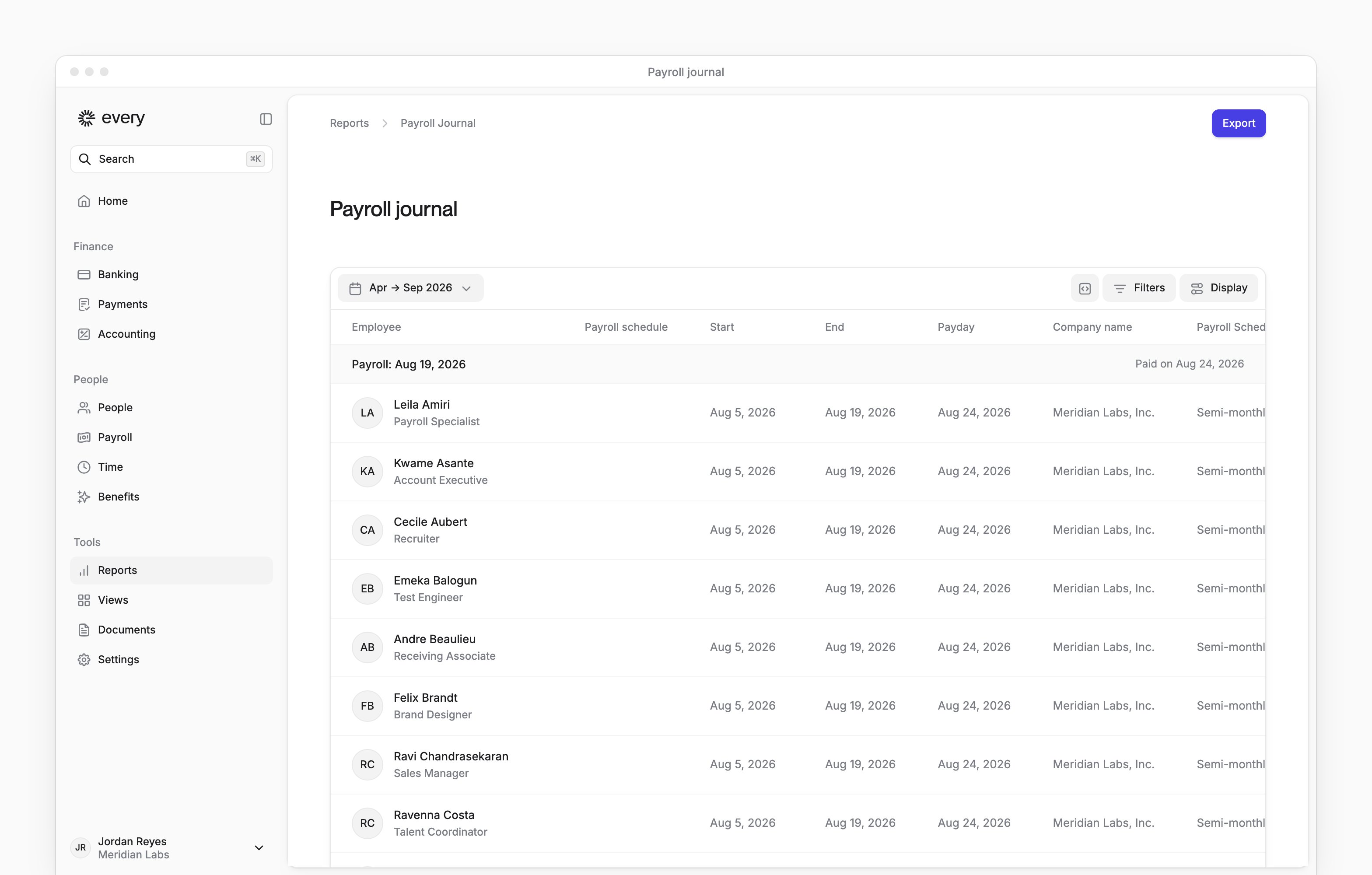 Payroll journal grouped by payday, with employee rows and pay-period columns beside Every's sidebar.