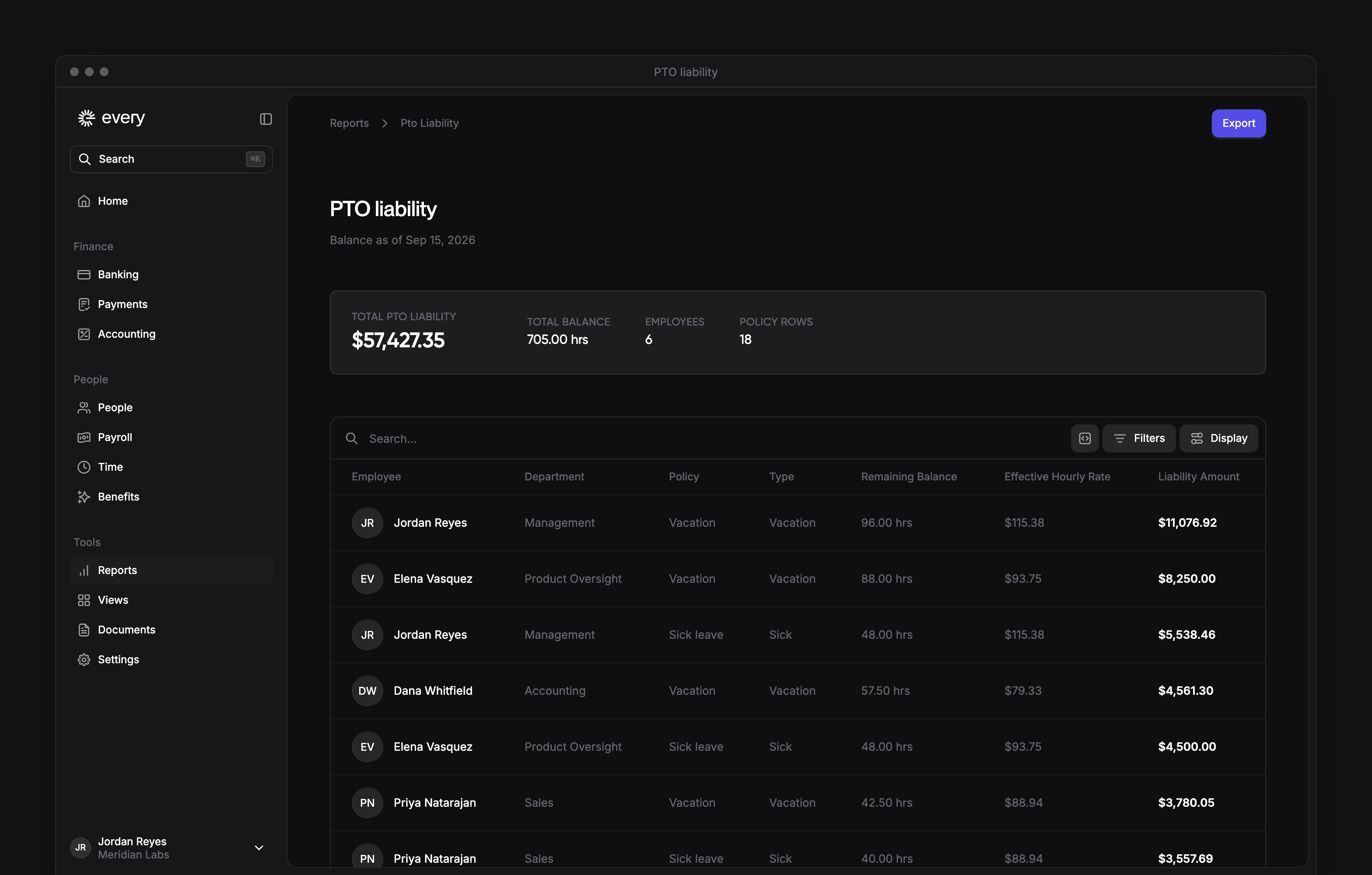 PTO liability with its balance summary, employee liabilities and as-of date beside Every's sidebar.