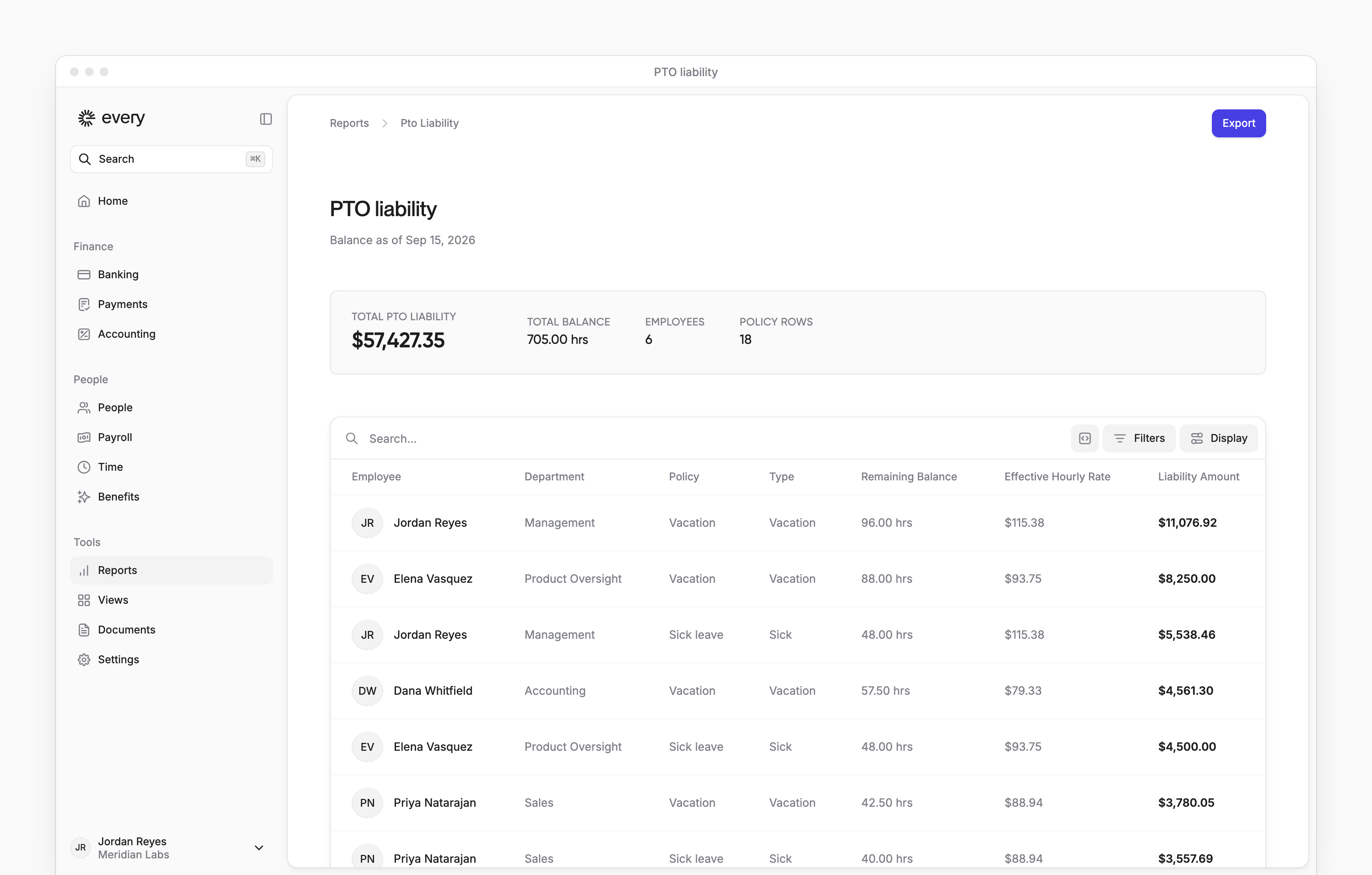 PTO liability with its balance summary, employee liabilities and as-of date beside Every's sidebar.