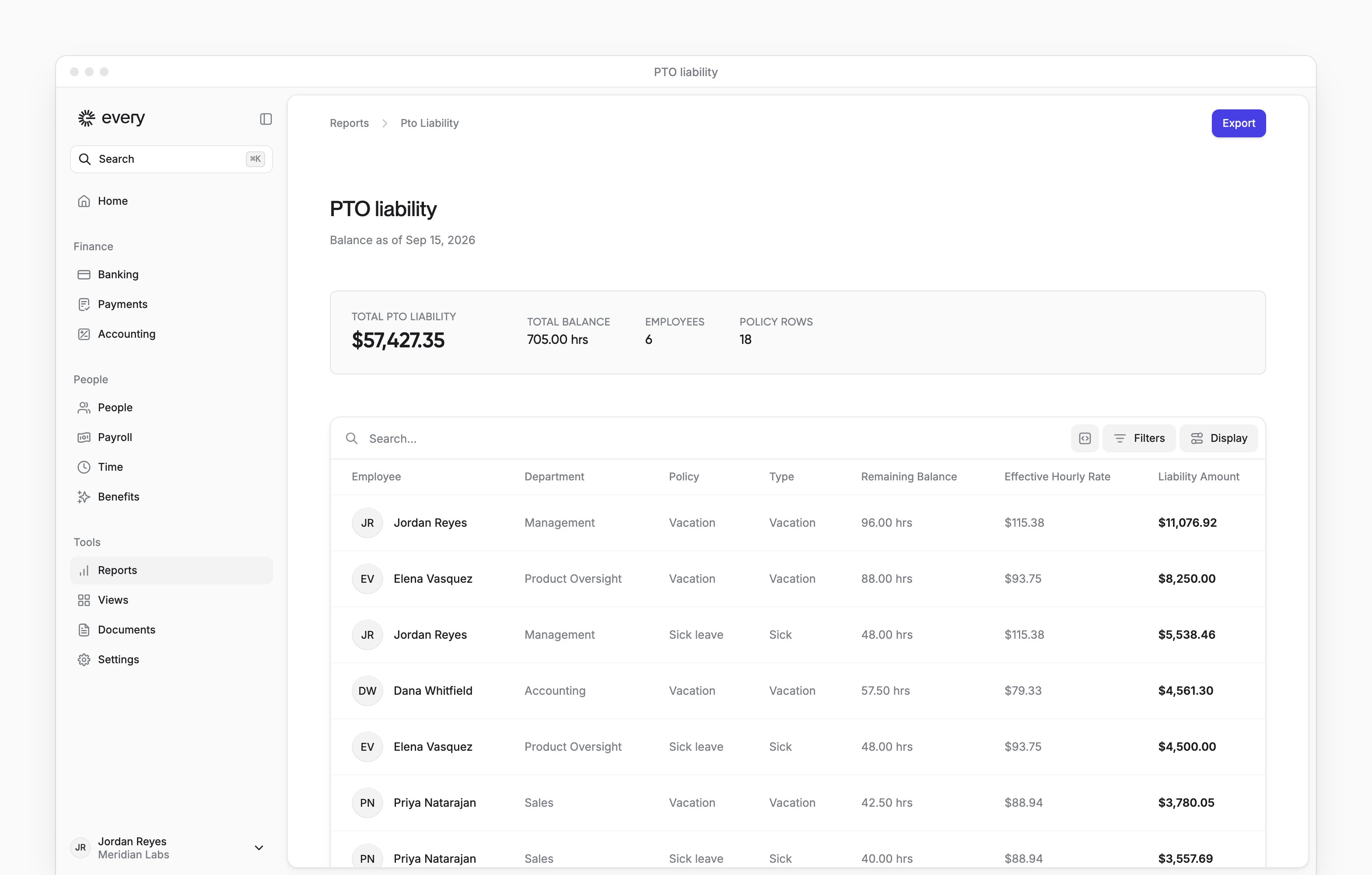 PTO liability with its balance summary, employee liabilities and as-of date beside Every's sidebar.
