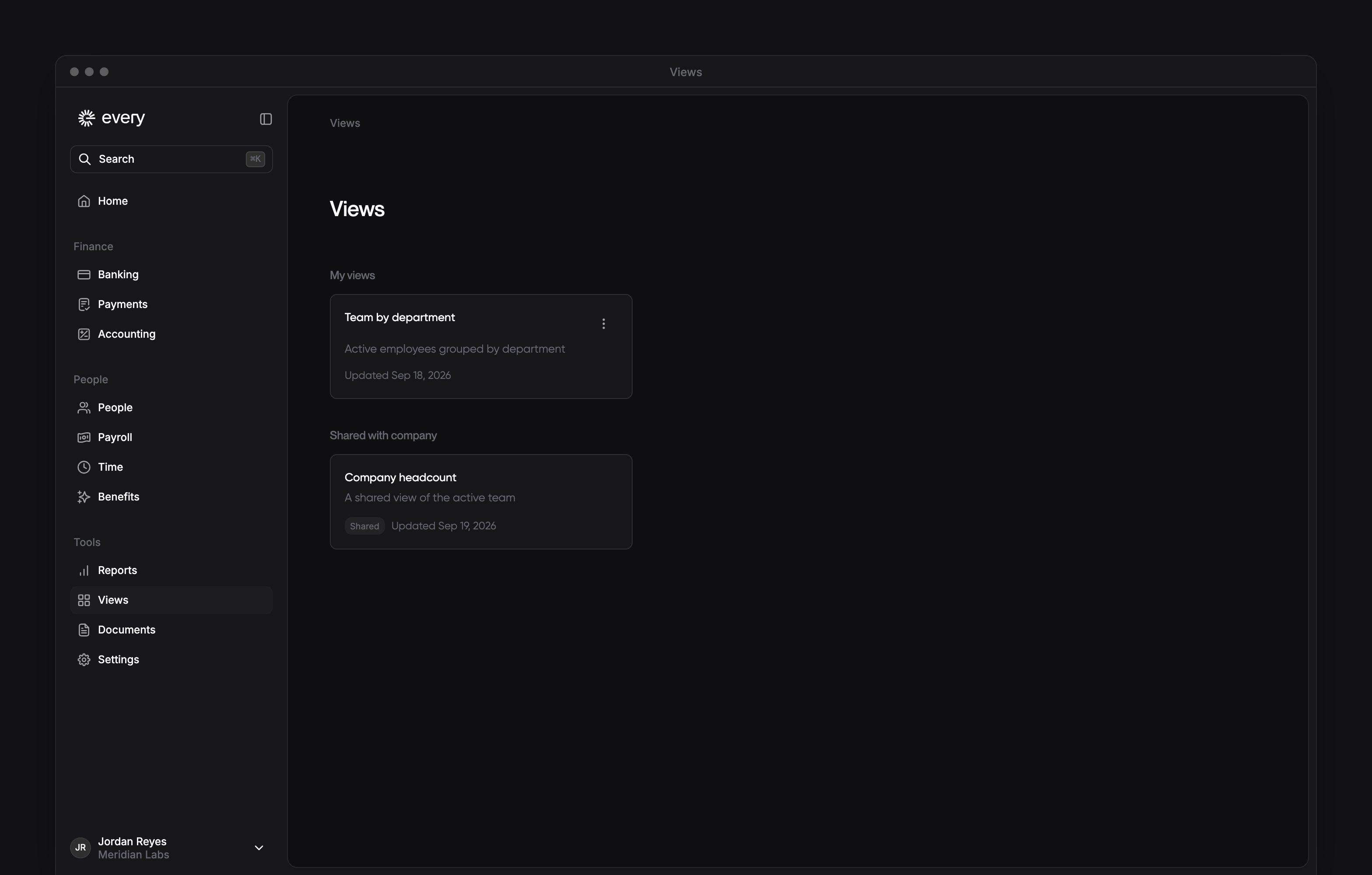 Views with My views and Shared with company sections, saved cards and author actions beside Every's sidebar.