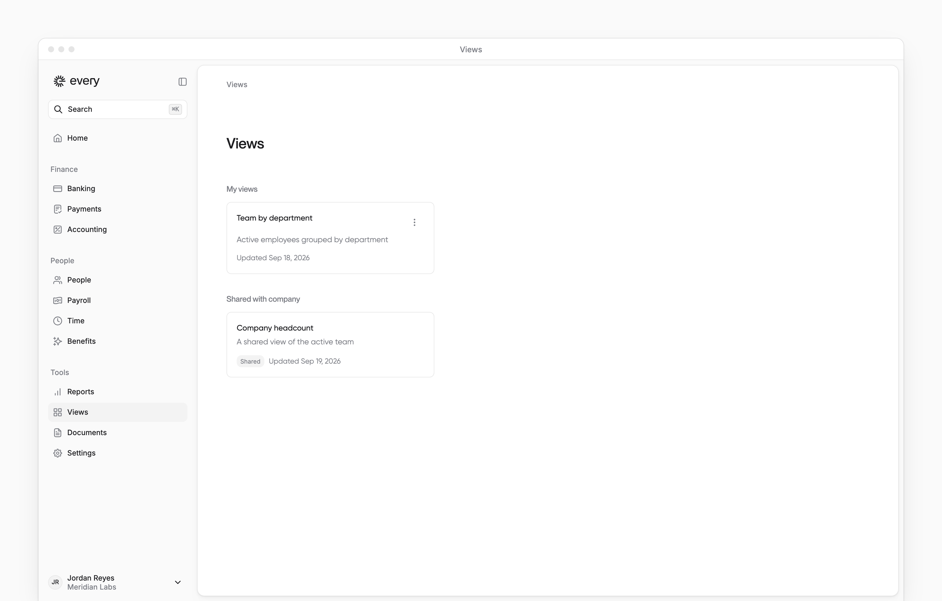 Views with My views and Shared with company sections, saved cards and author actions beside Every's sidebar.