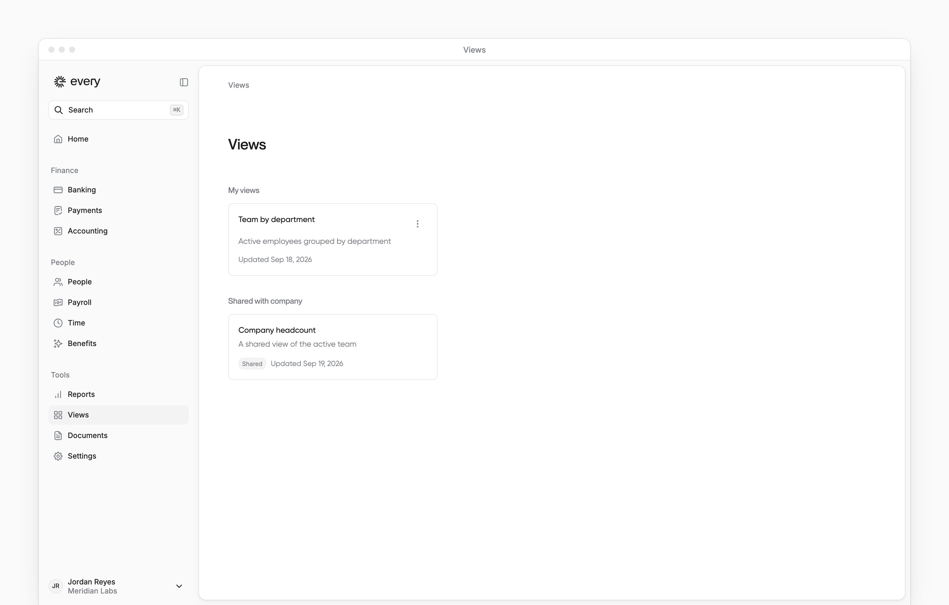 Views with My views and Shared with company sections, saved cards and author actions beside Every's sidebar.