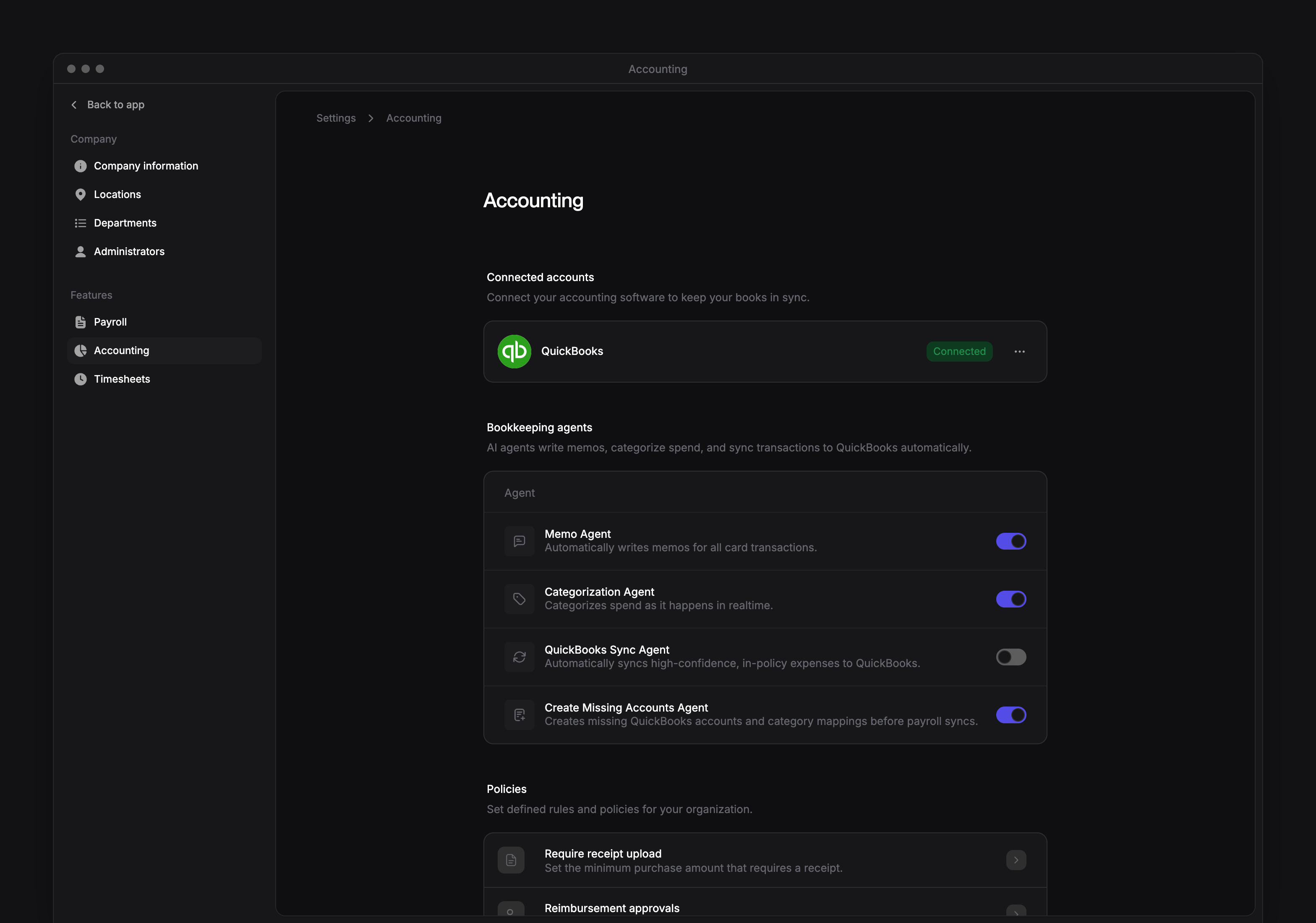 Accounting settings with QuickBooks connected, the Bookkeeping agents switches and the Settings sidebar.