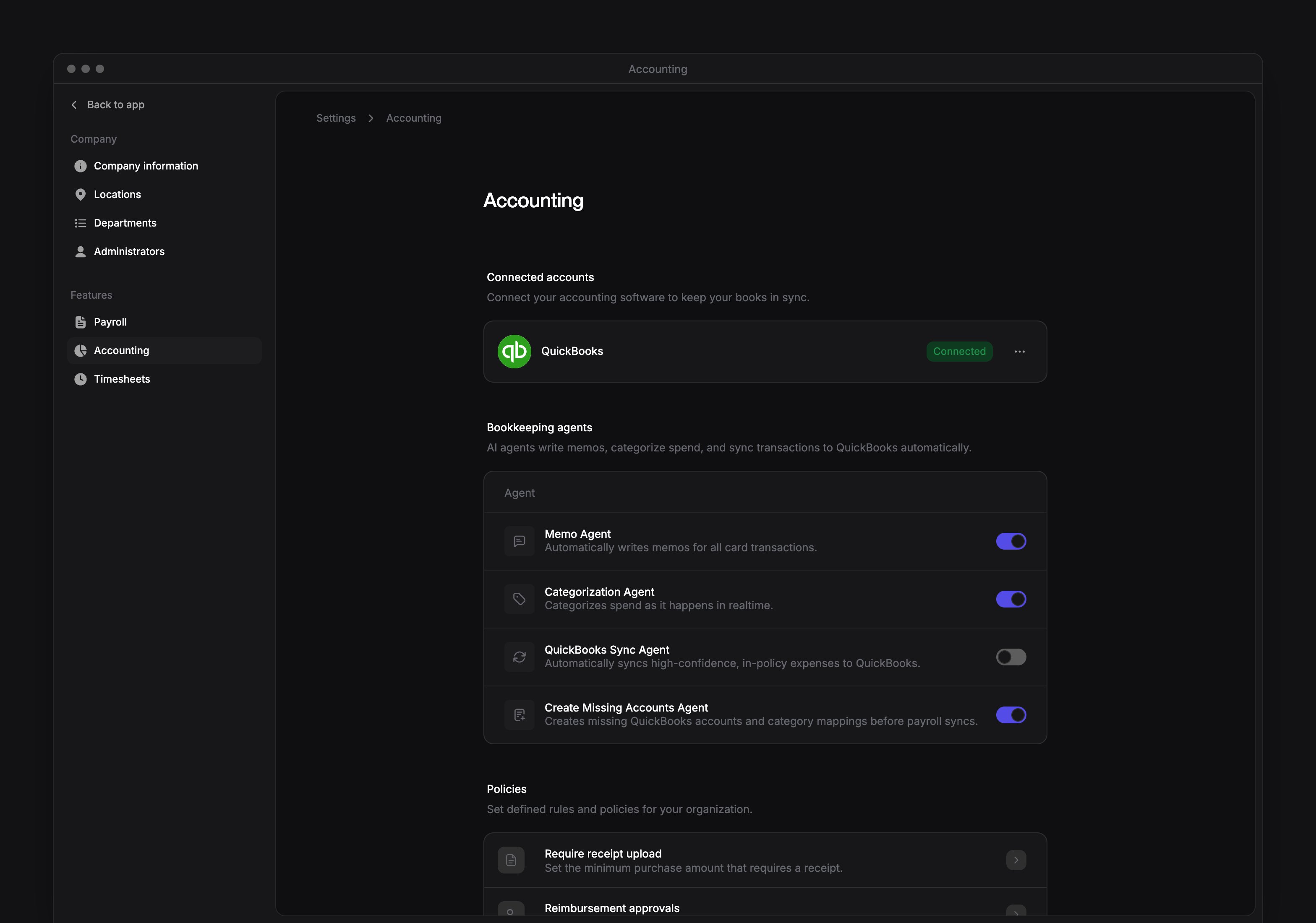 Accounting settings with QuickBooks connected, the Bookkeeping agents switches and the Settings sidebar.