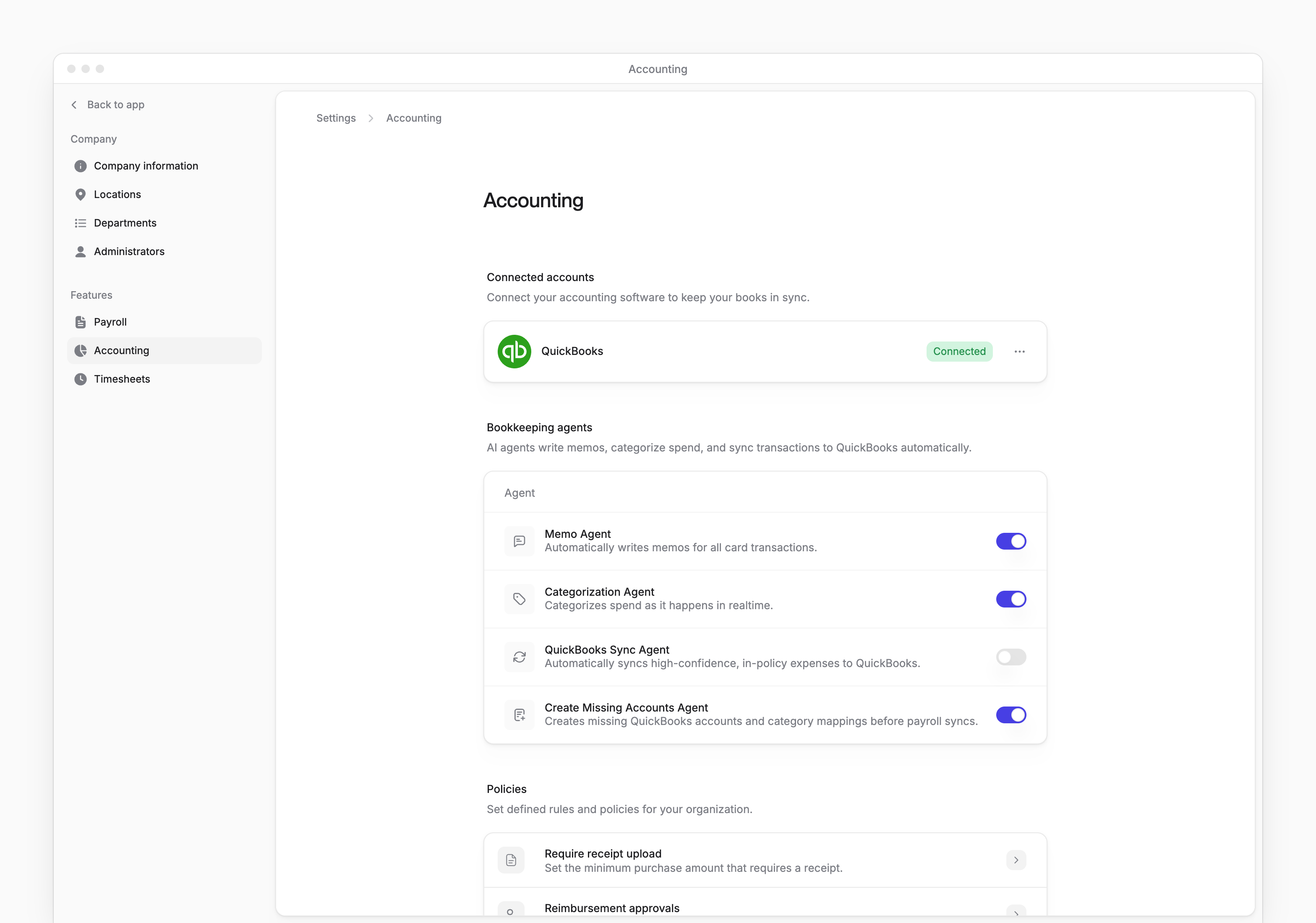 Accounting settings with QuickBooks connected, the Bookkeeping agents switches and the Settings sidebar.