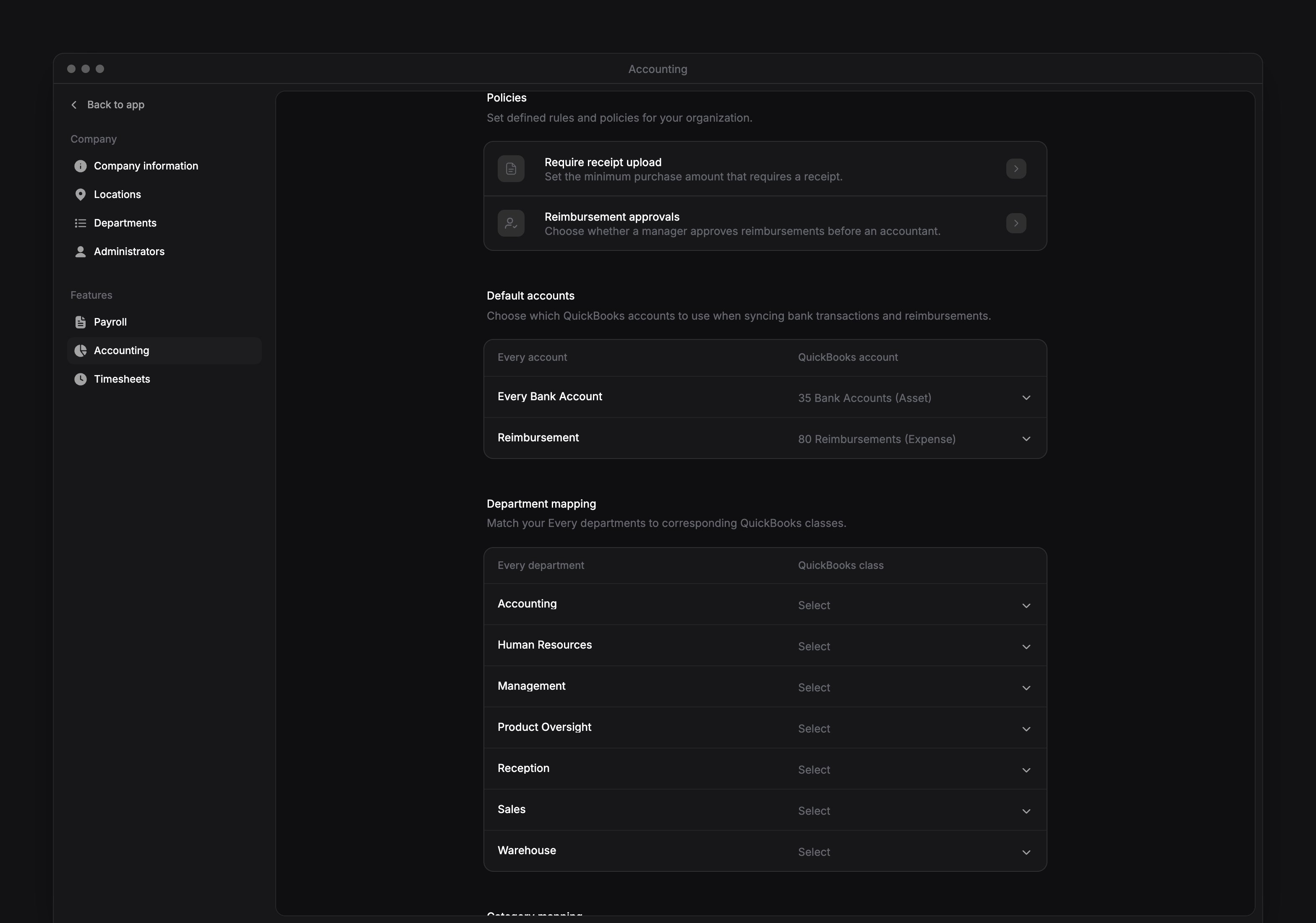Accounting settings showing default account mappings and department-to-class mappings beside the Settings sidebar.