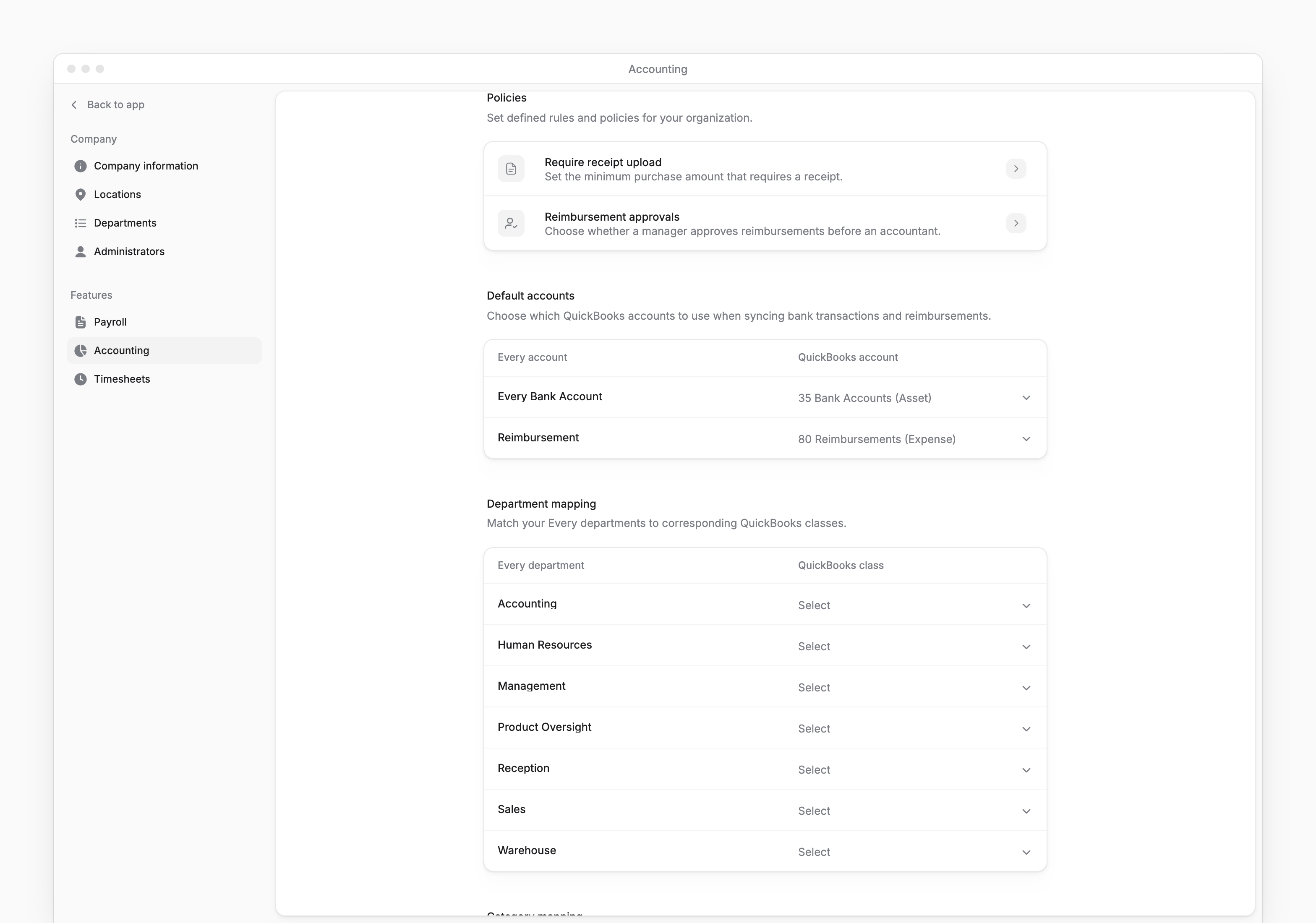 Accounting settings showing default account mappings and department-to-class mappings beside the Settings sidebar.
