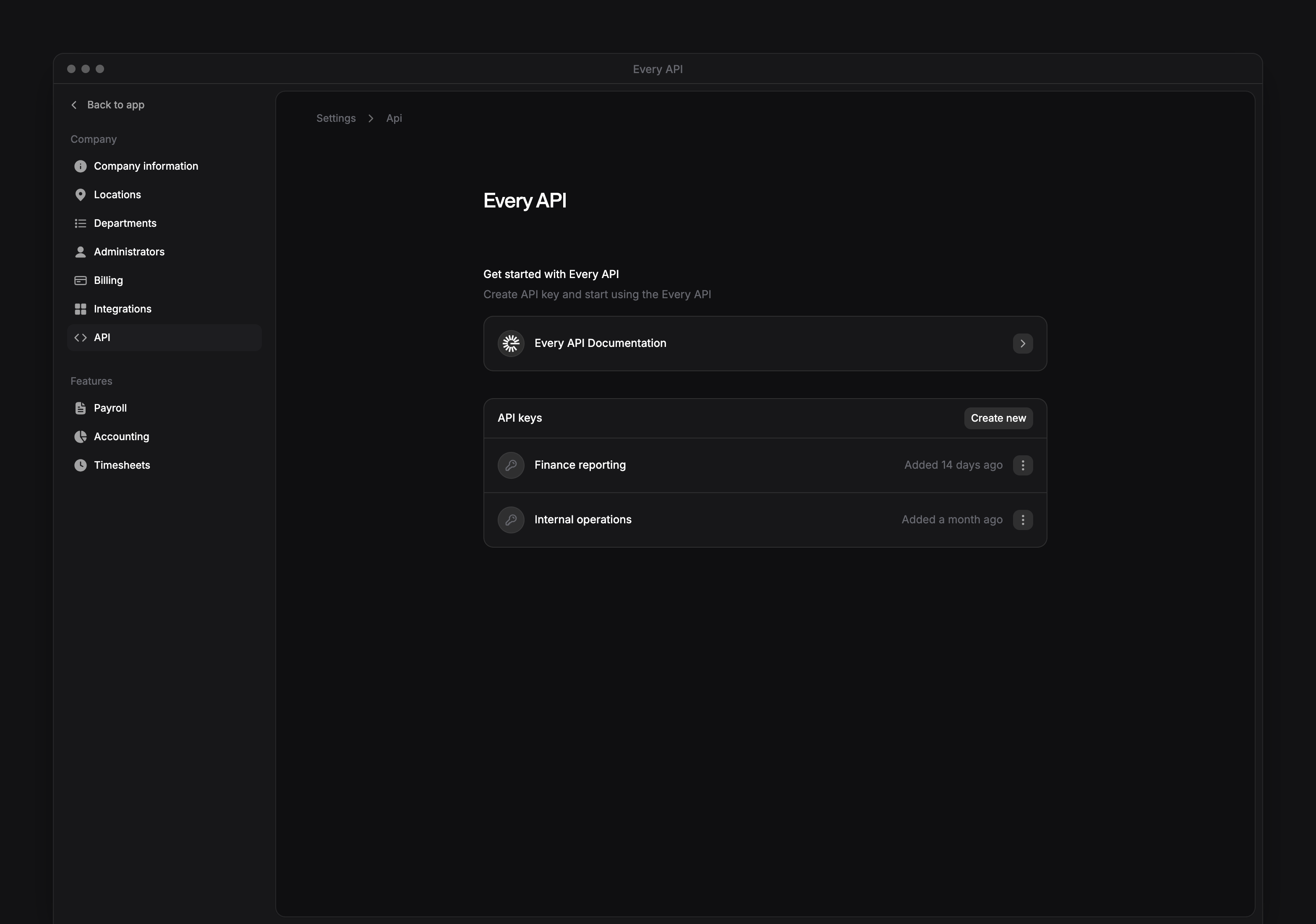Every API settings with a documentation link, Create new button and two named API keys.