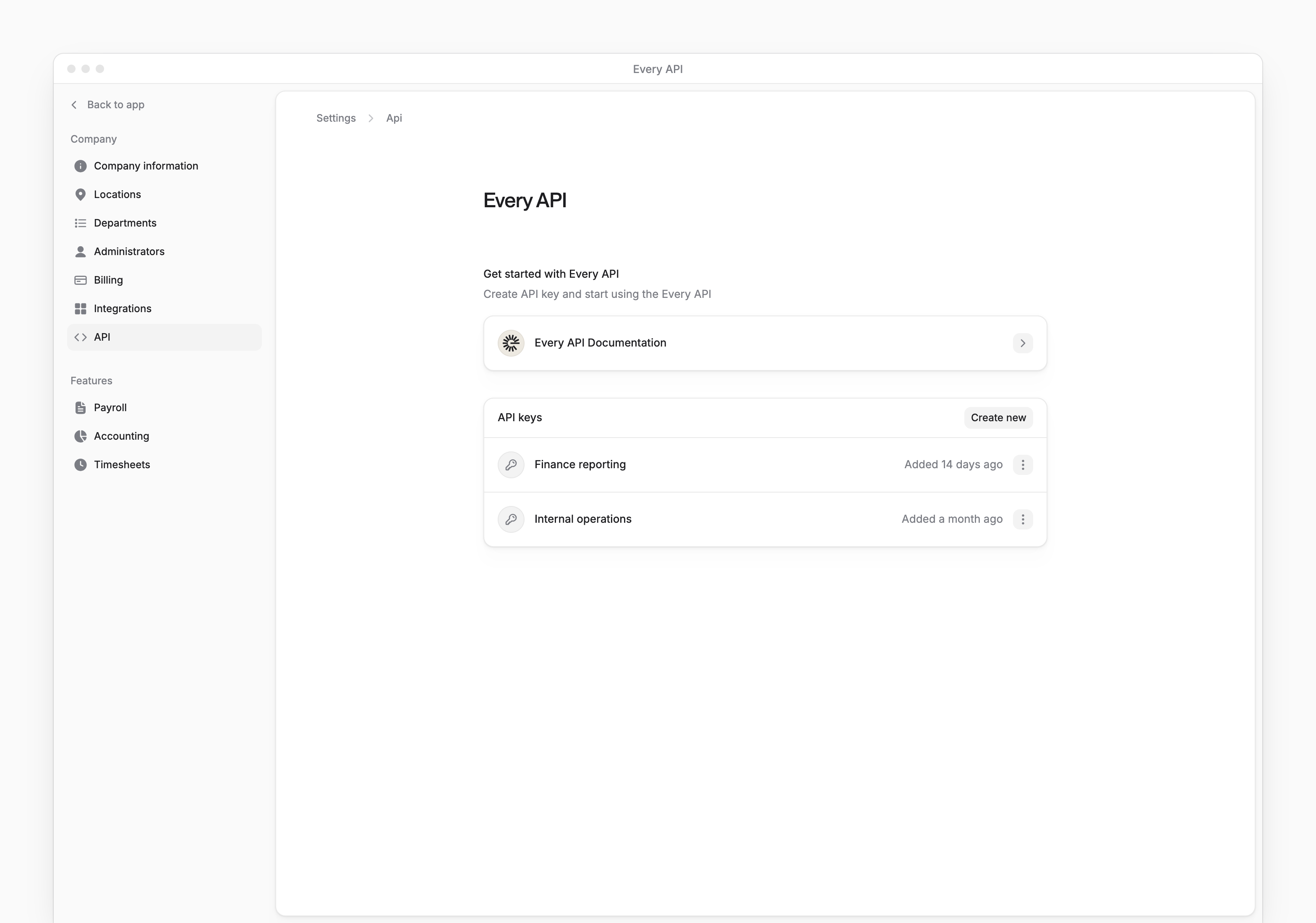 Every API settings with a documentation link, Create new button and two named API keys.