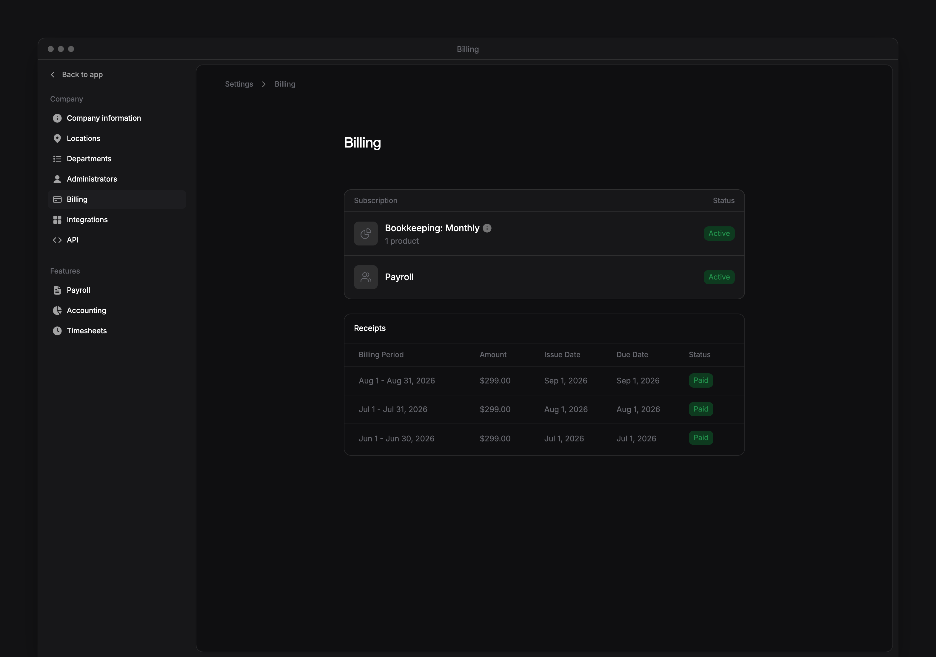 Billing settings with Bookkeeping and Payroll subscriptions, their statuses and the Receipts table.