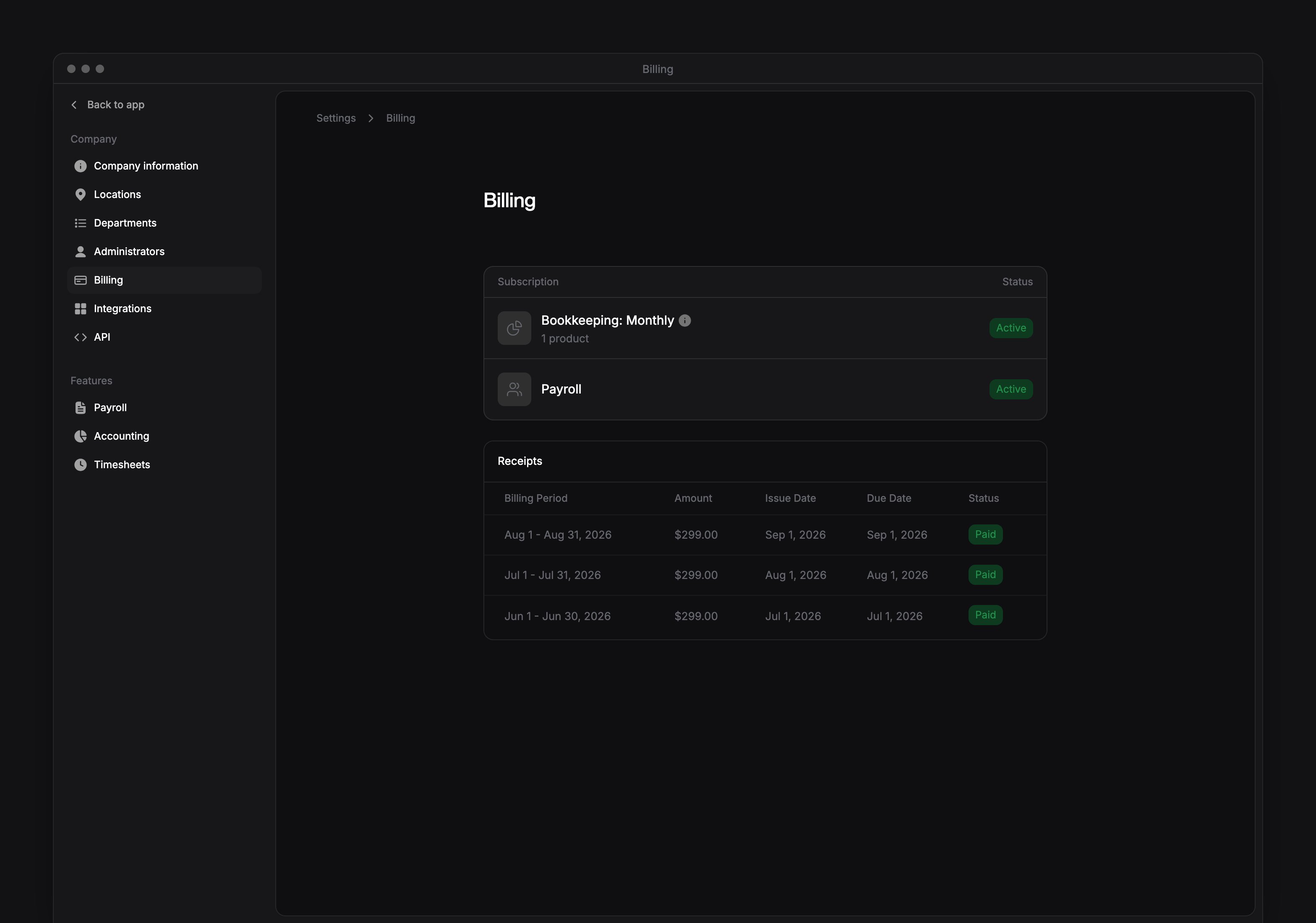 Billing settings with Bookkeeping and Payroll subscriptions, their statuses and the Receipts table.