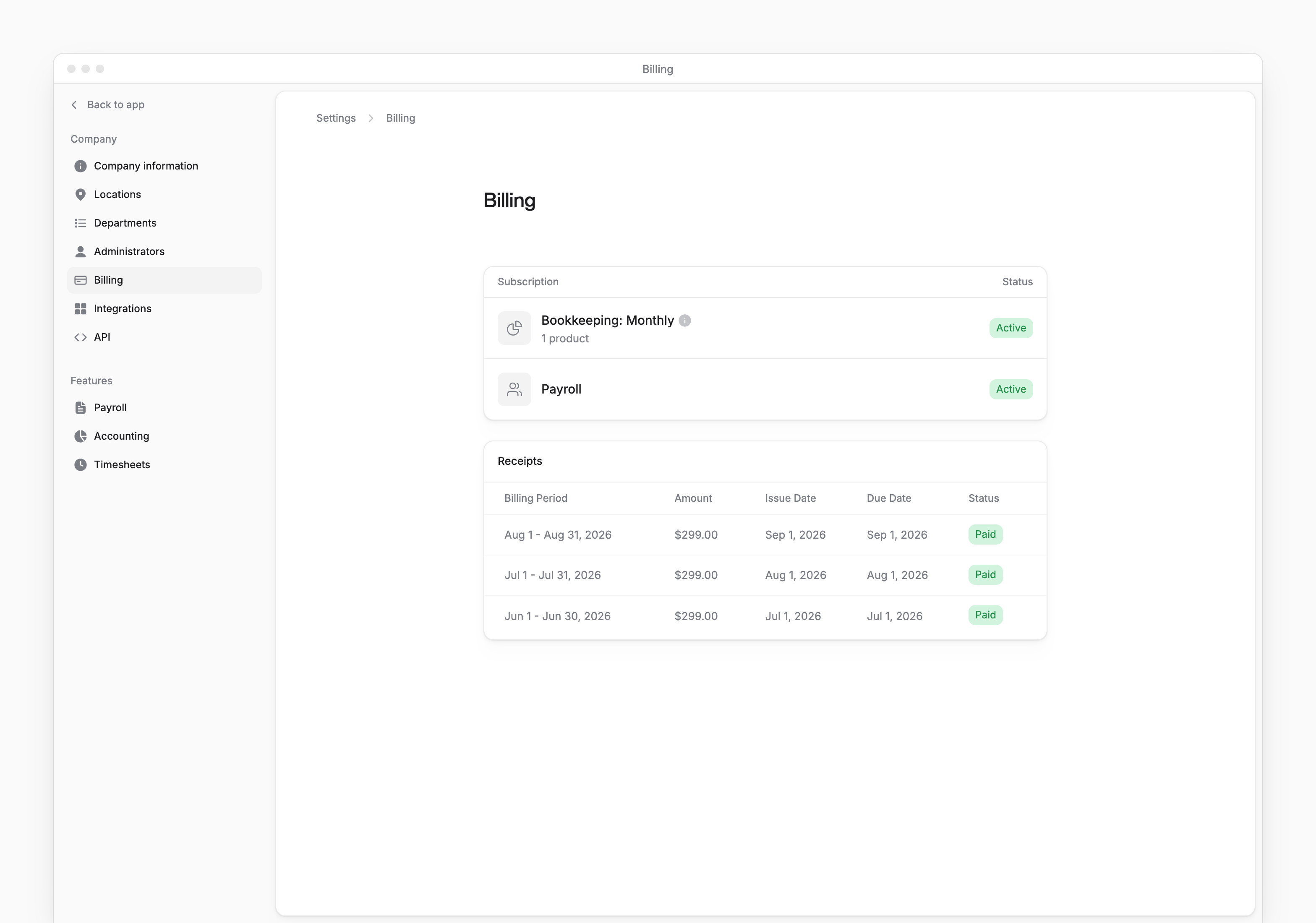 Billing settings with Bookkeeping and Payroll subscriptions, their statuses and the Receipts table.