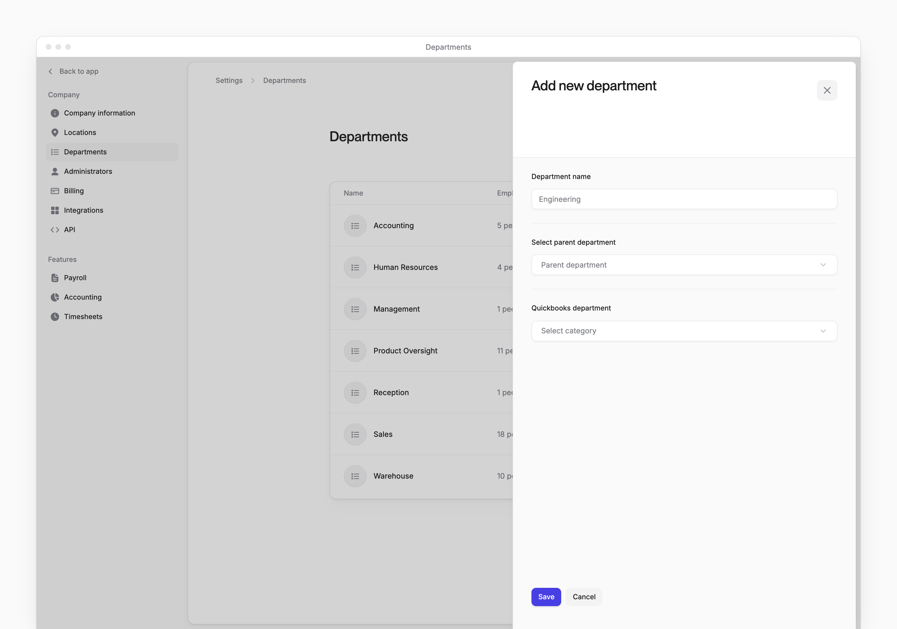 The Add new department sheet, with name, parent department and QuickBooks department fields.