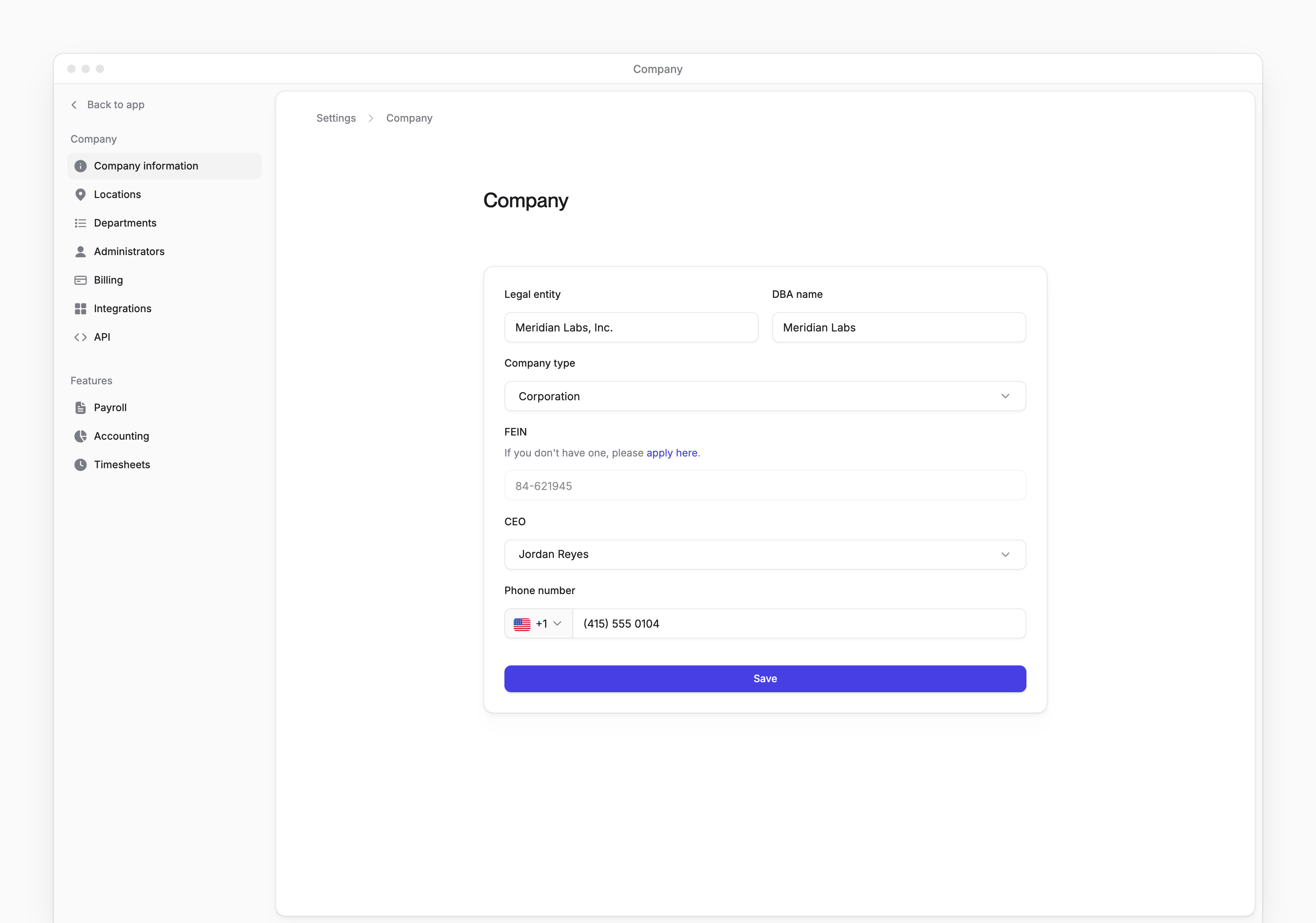 Company settings with legal entity, DBA name, company type, FEIN, CEO and phone number.