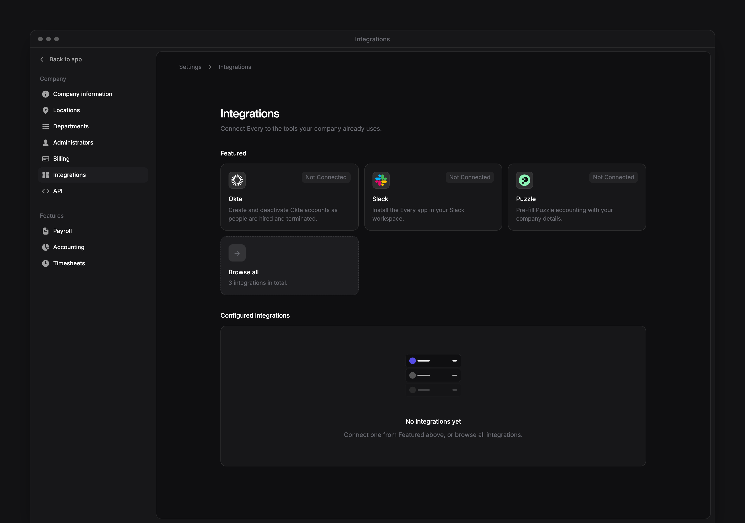 Company Integrations settings with Okta, Slack and Puzzle tiles, their statuses and Browse all.