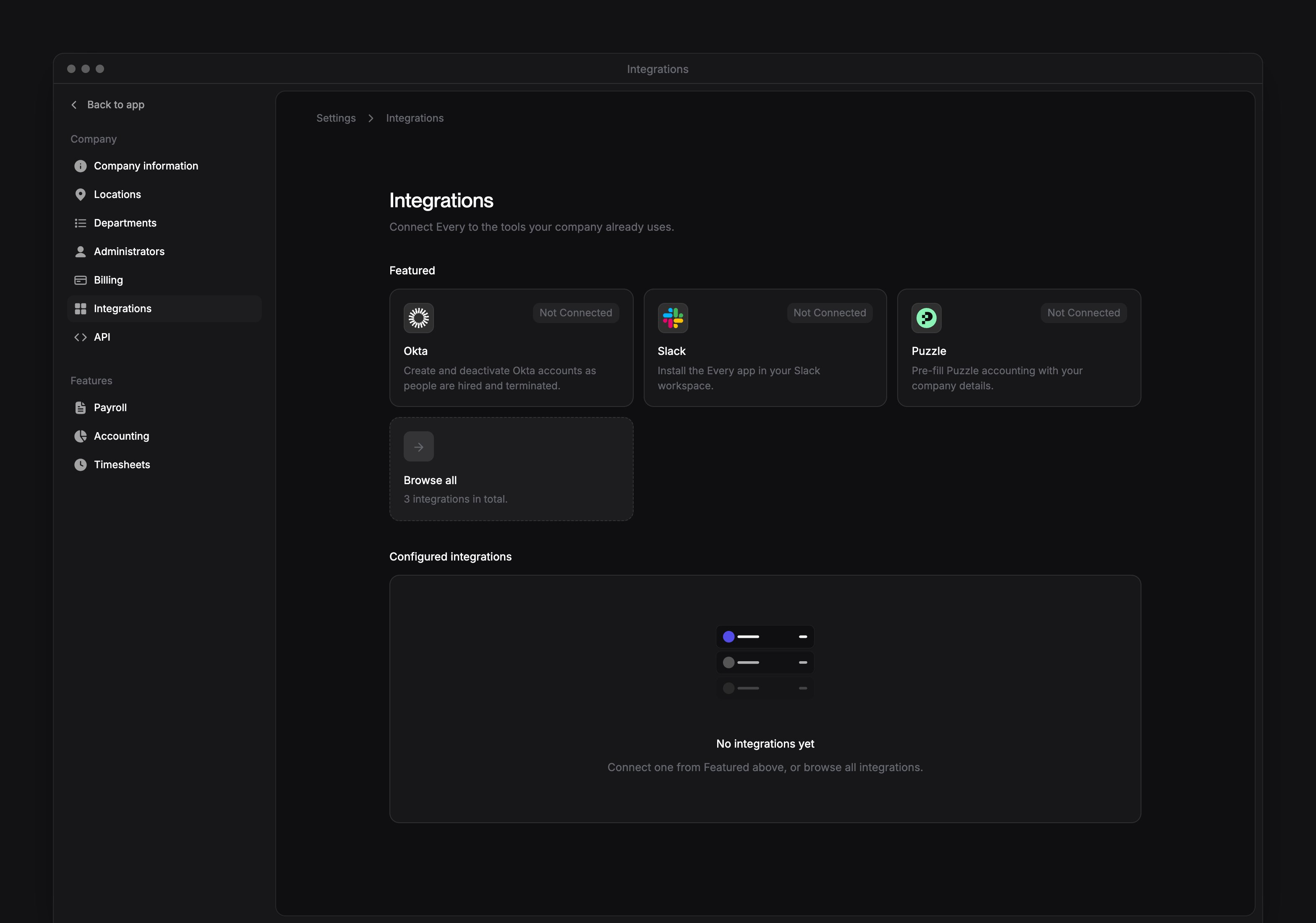 Company Integrations settings with Okta, Slack and Puzzle tiles, their statuses and Browse all.