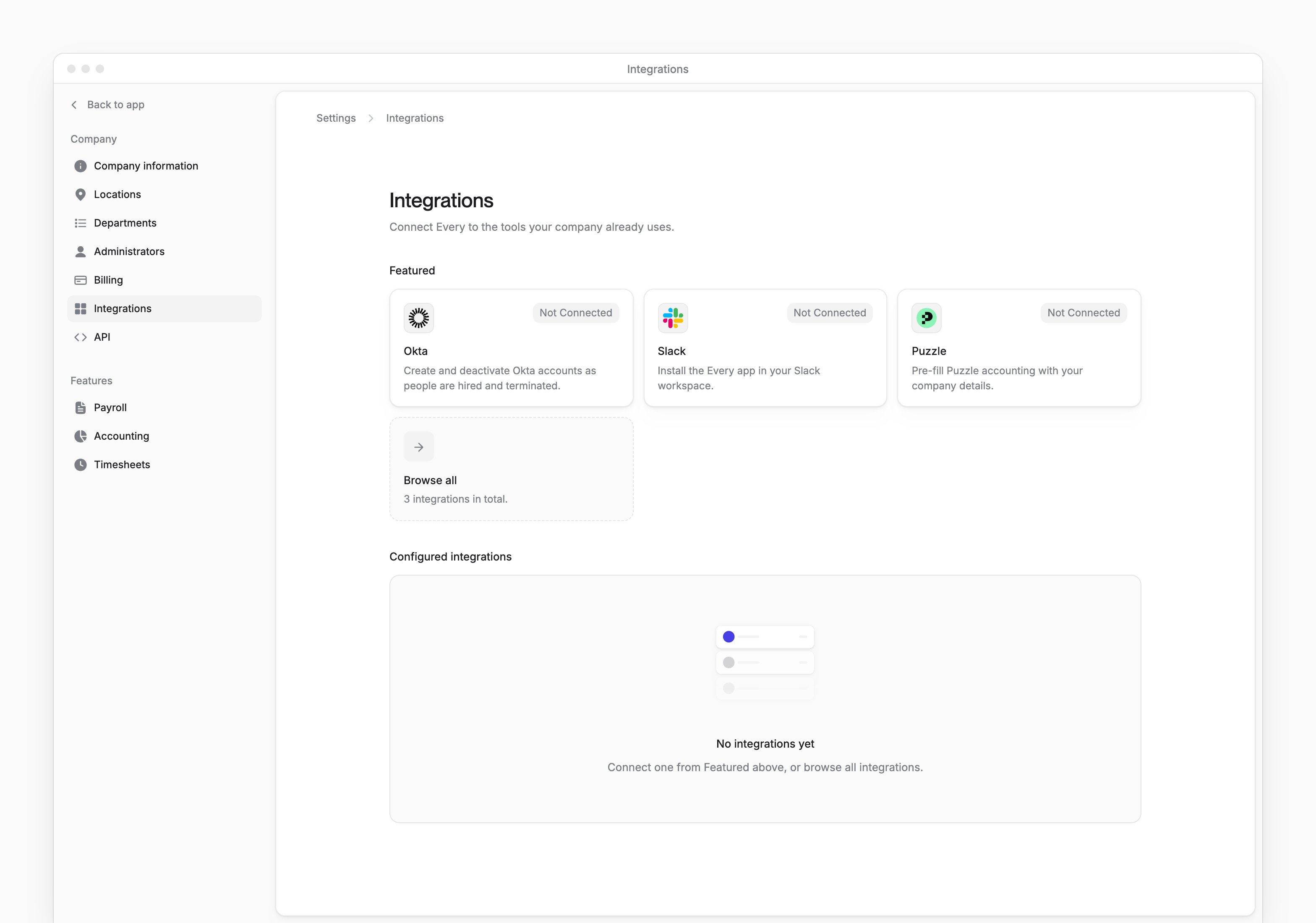 Company Integrations settings with Okta, Slack and Puzzle tiles, their statuses and Browse all.