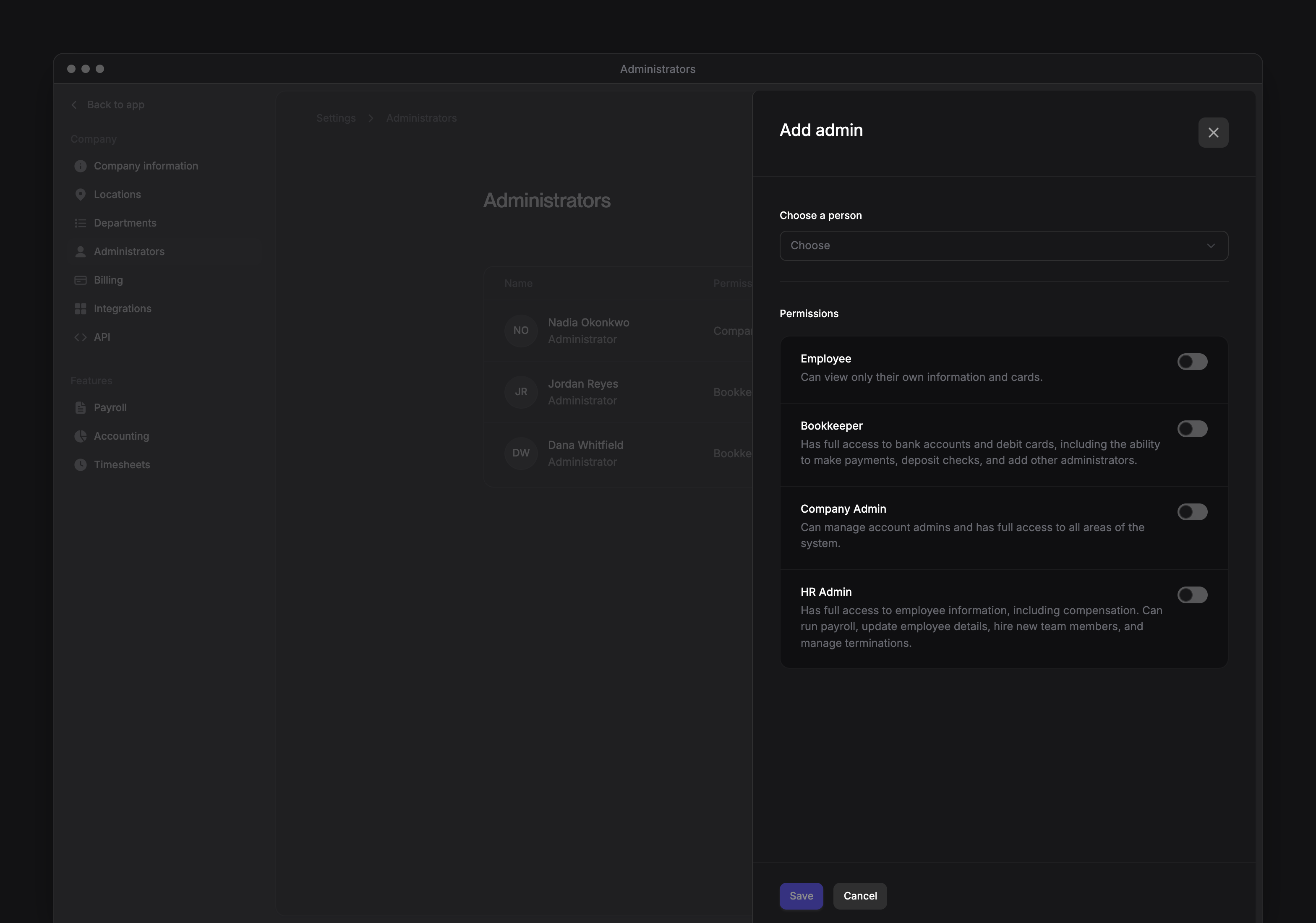 Administrators roster and permissions form with an existing-user picker and role switches.