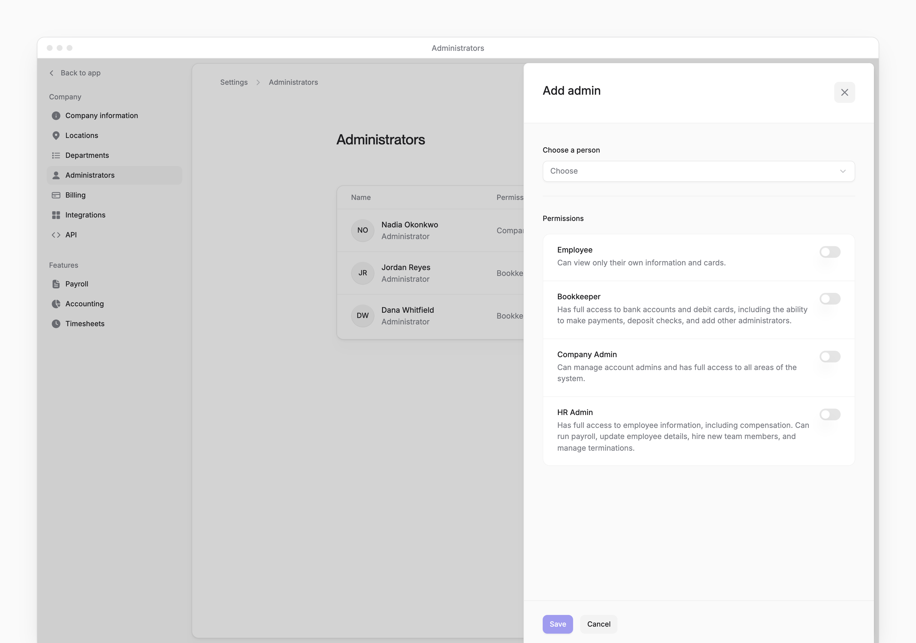 Administrators roster and permissions form with an existing-user picker and role switches.