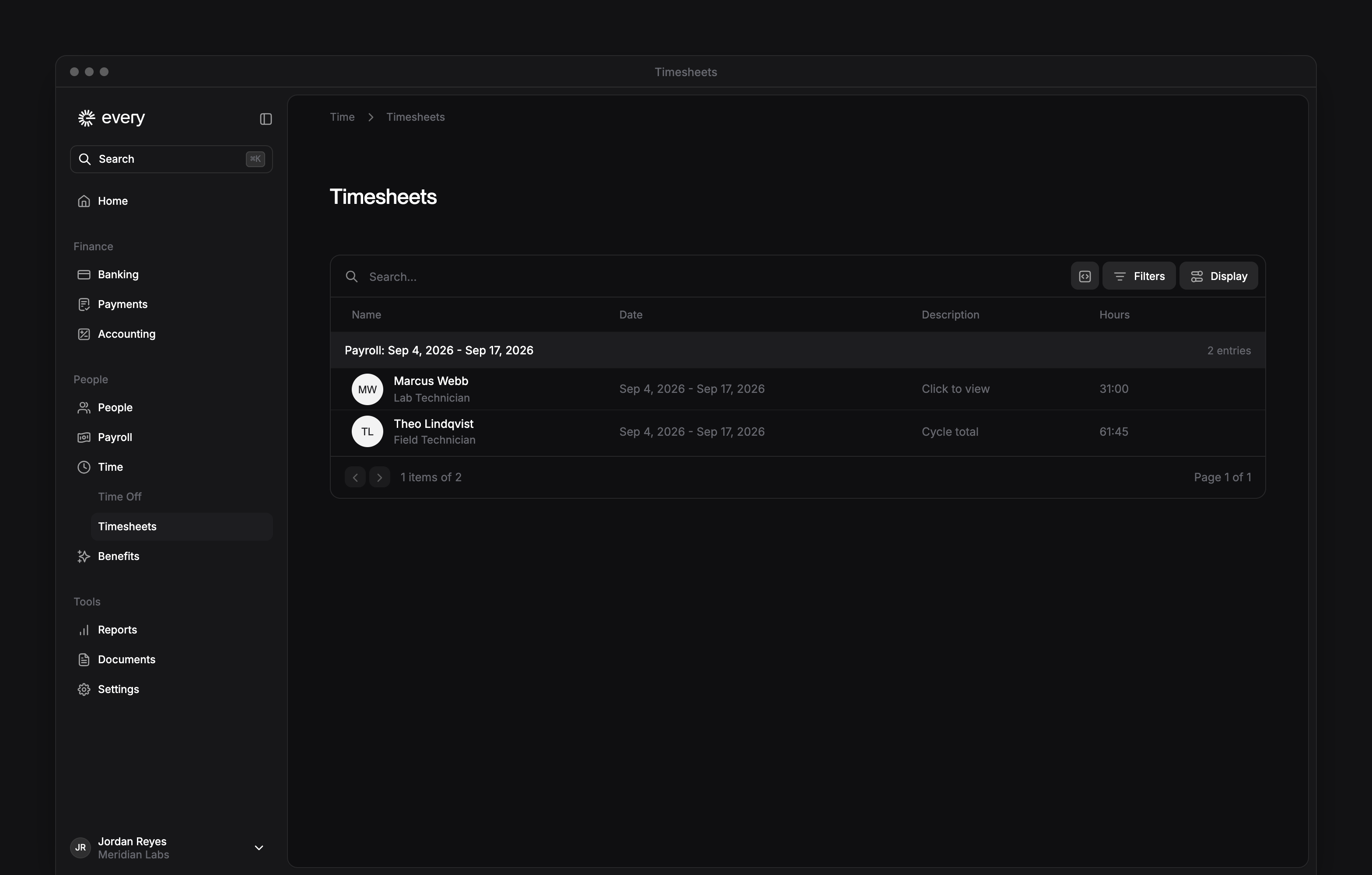 Timesheets grouped by payroll cycle, with employee names, dates, descriptions and hours.